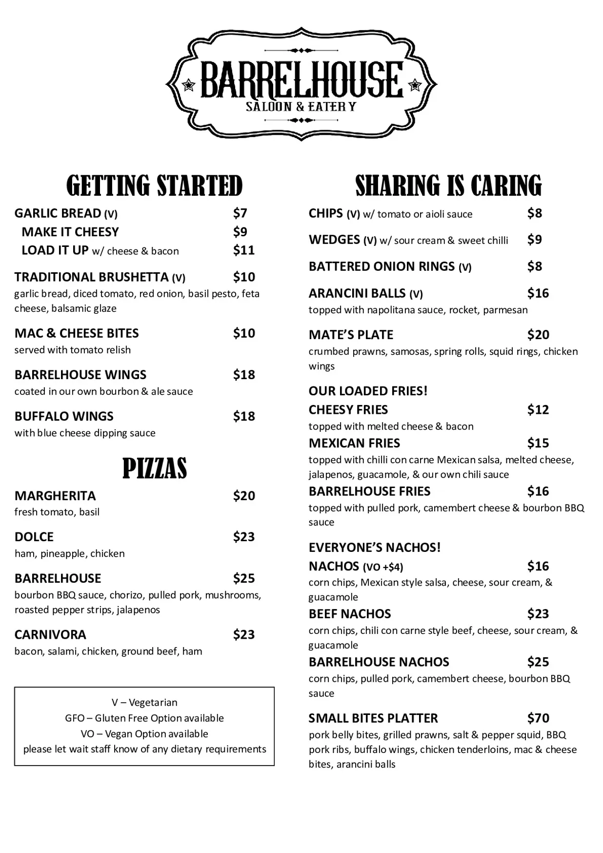 Barrelhouse Saloon & Eatery - O'Connor menu, page 1