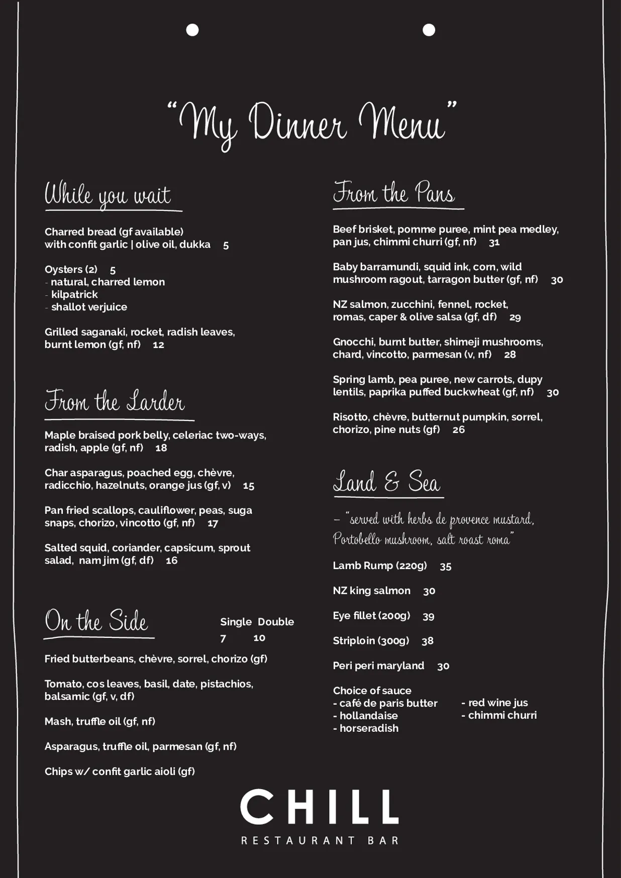 Chill Restaurant & Bar menu, page 1