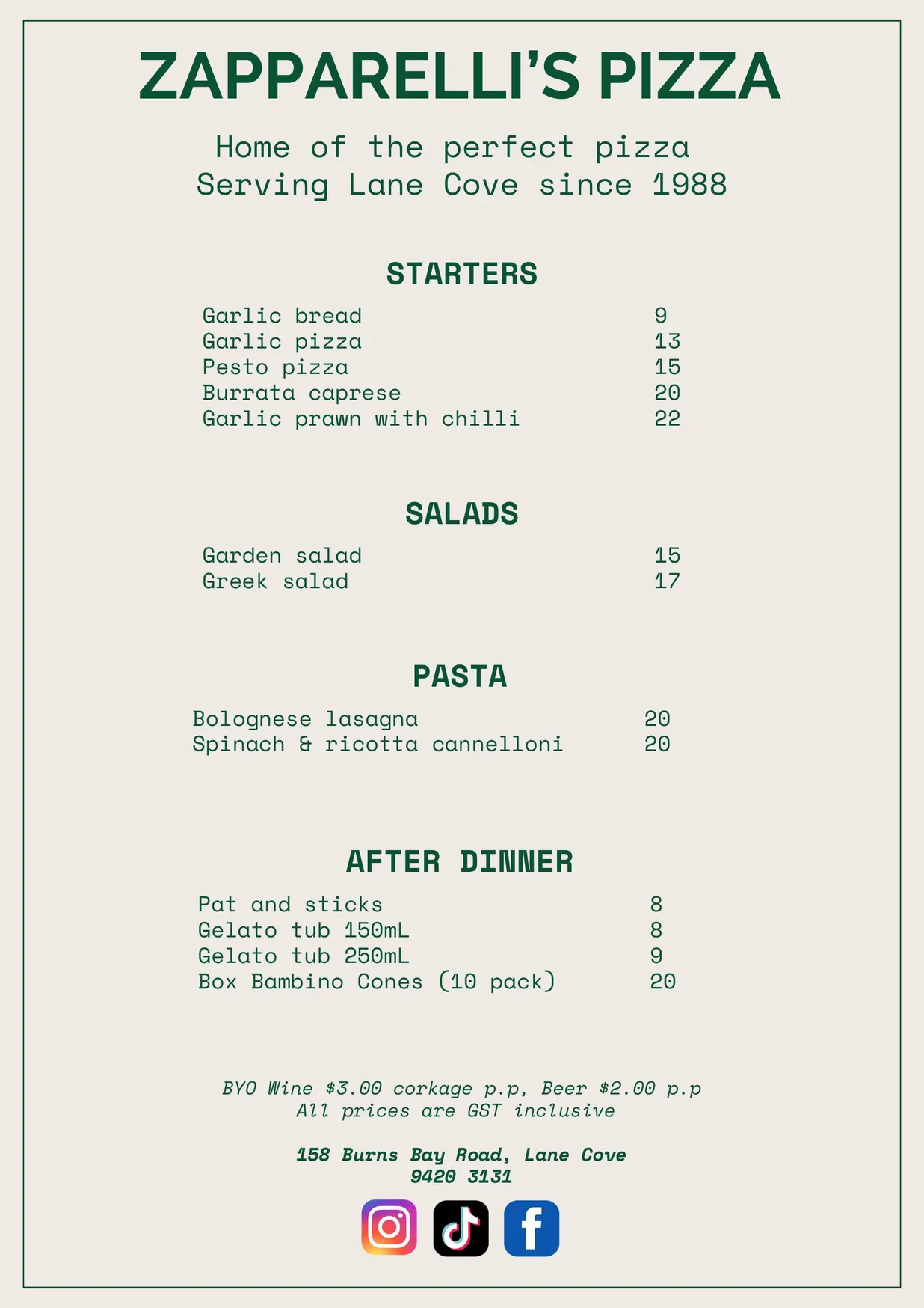 Zapparelli's Pizza menu, page 2