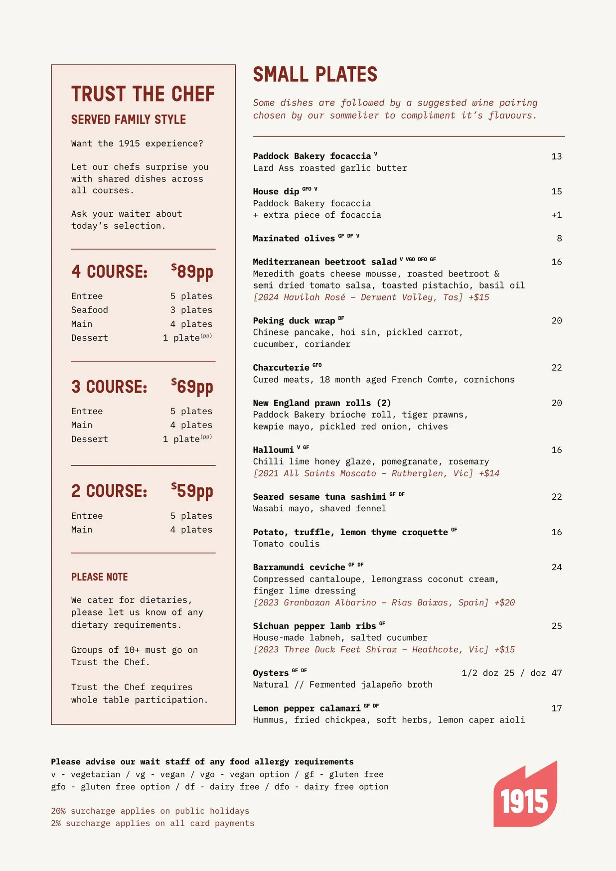 1915 menu, page 1