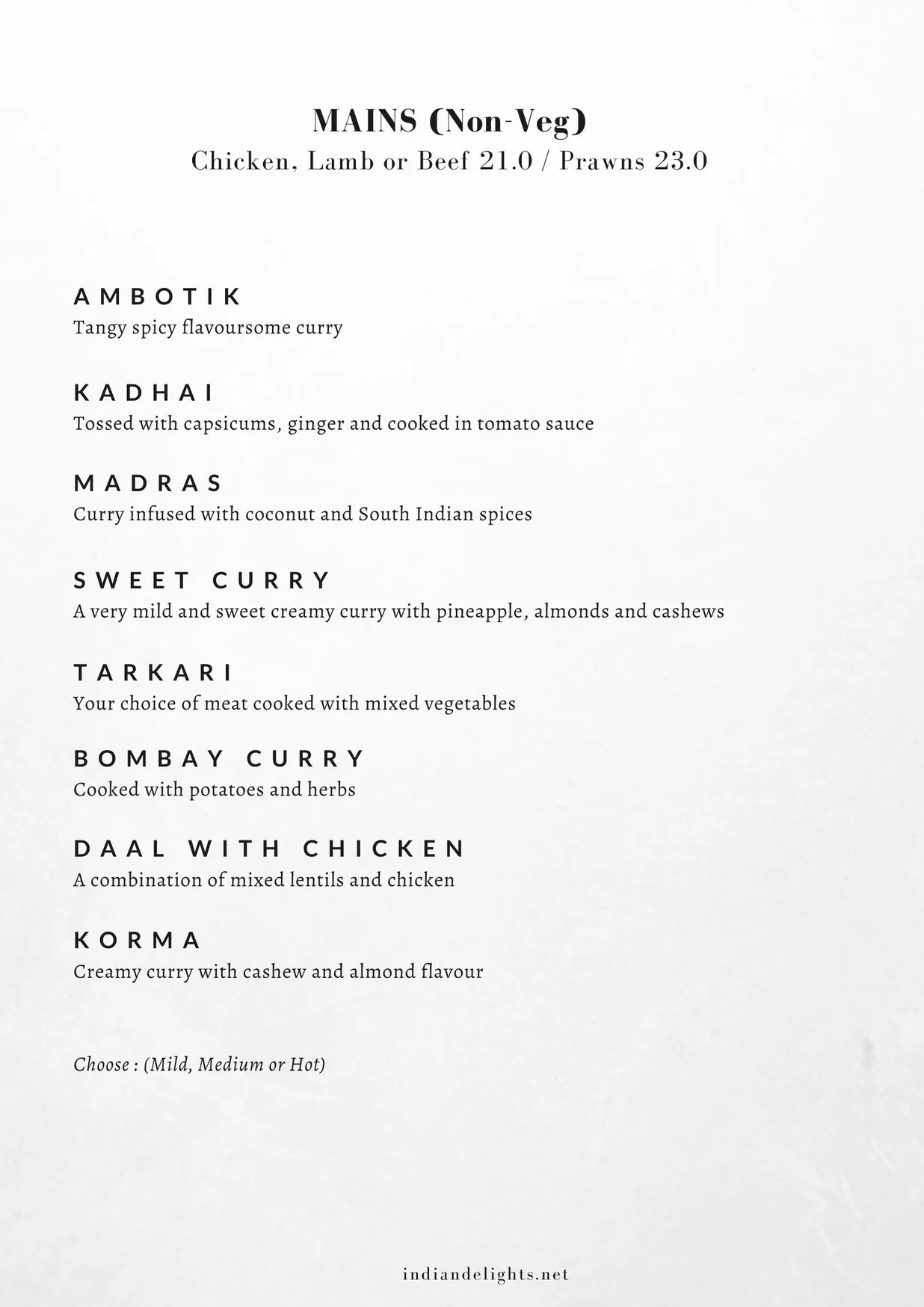 Indian Delights menu, page 3