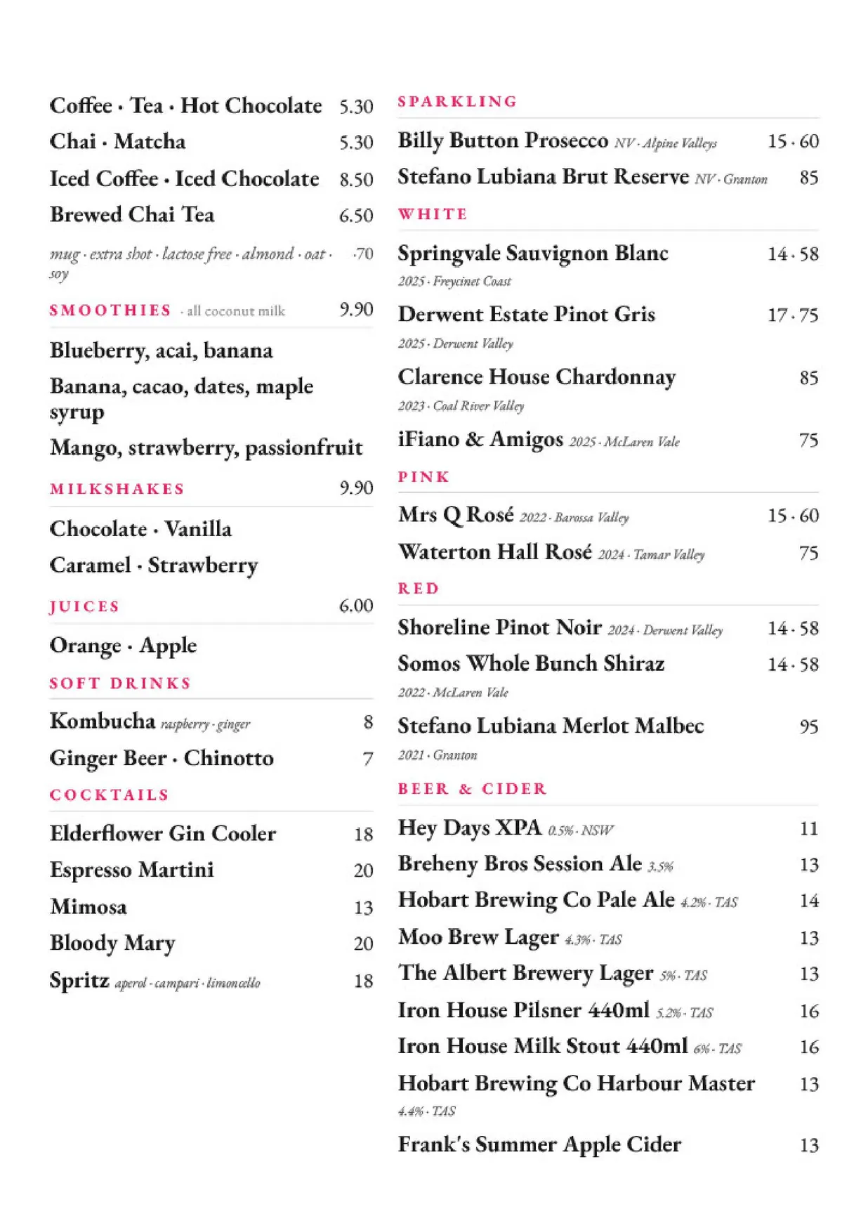 Smolt Kitchen menu, page 1