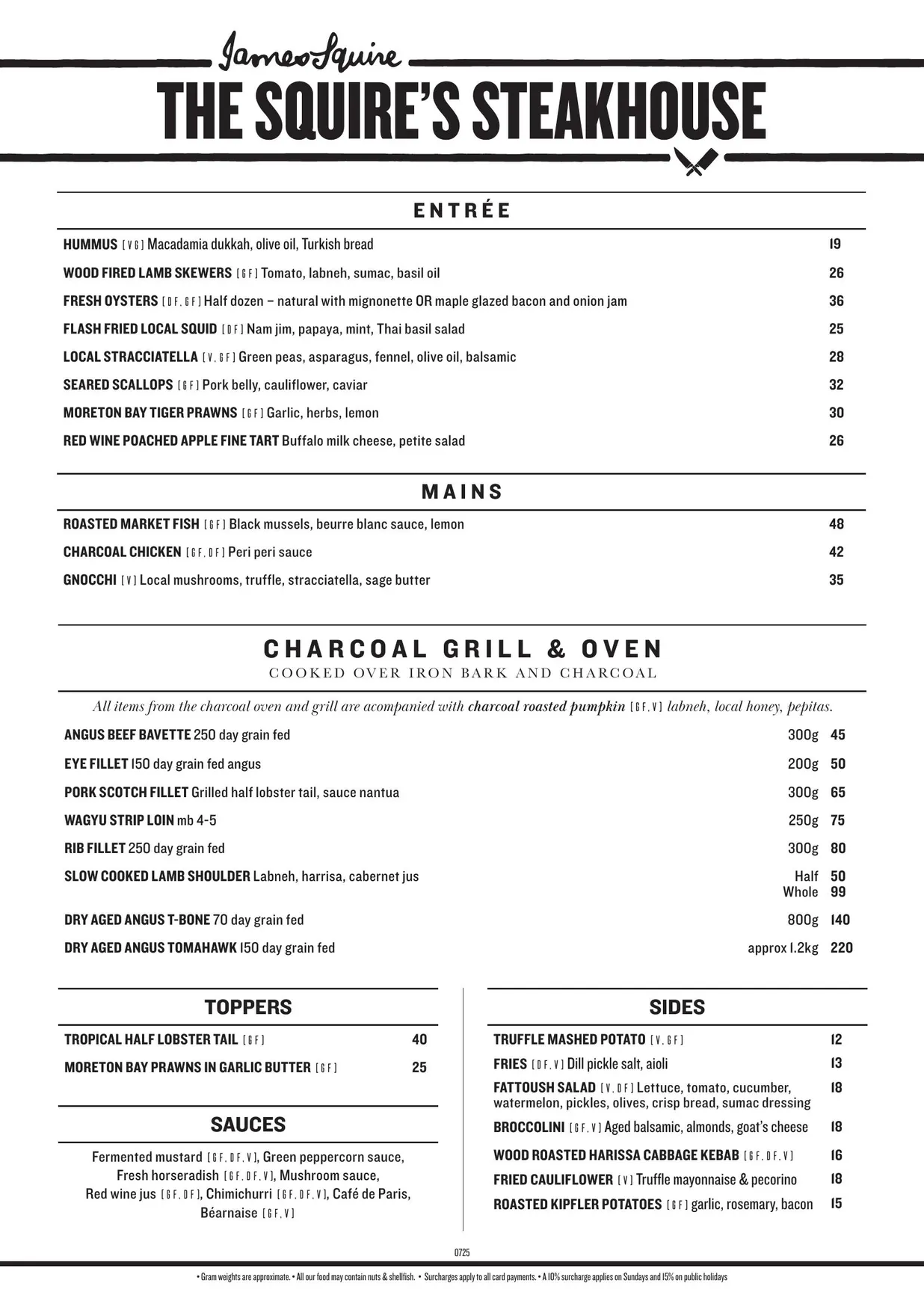 The Squire's Steakhouse menu, page 1