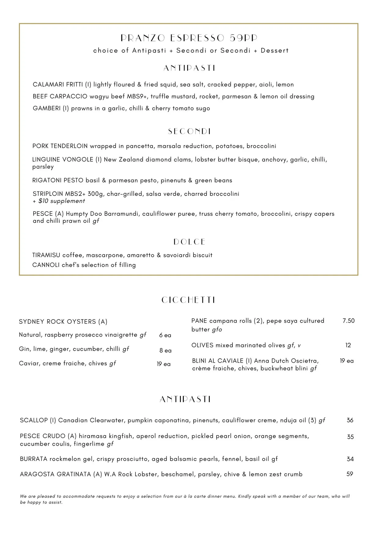 Antica menu, page 1