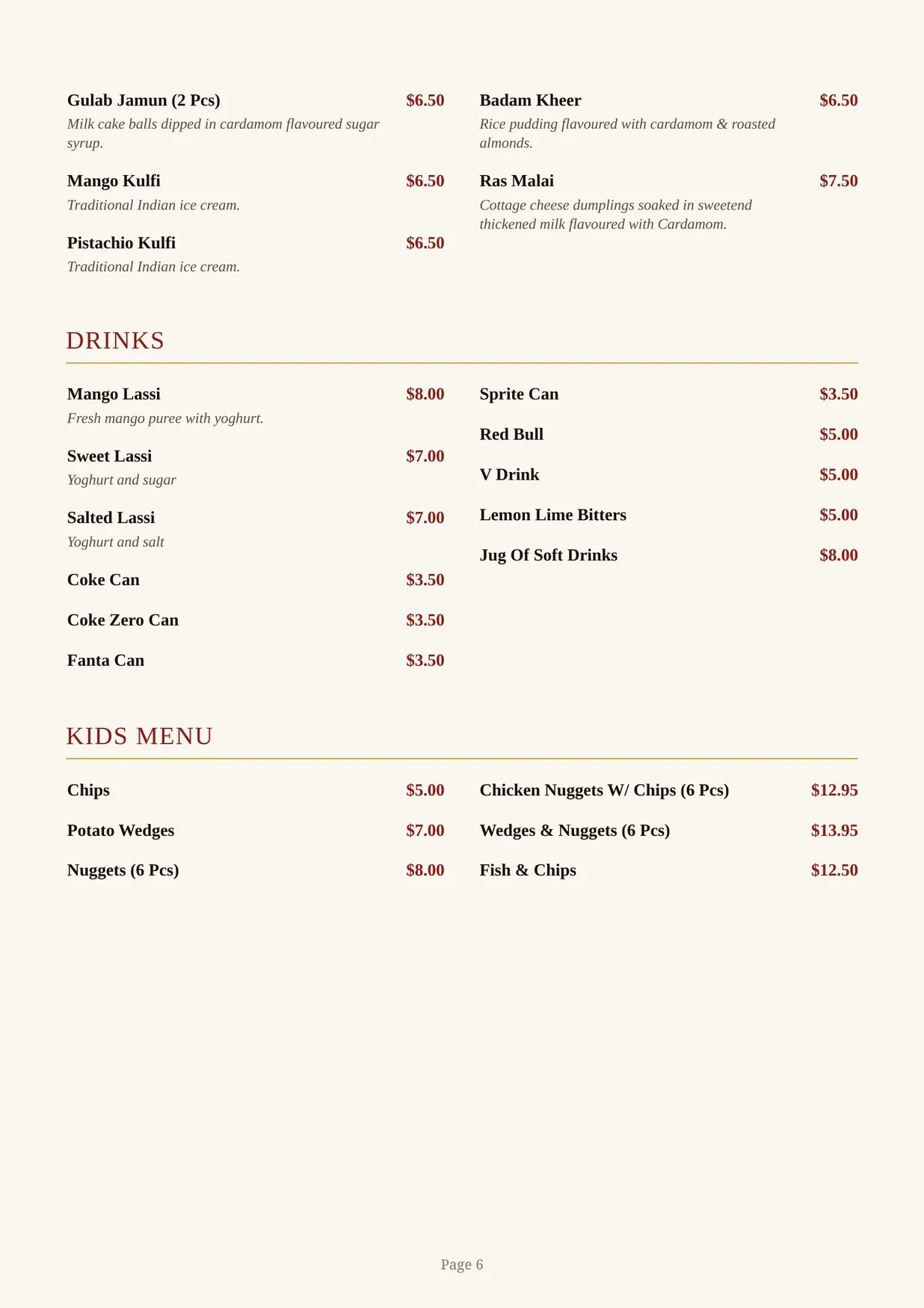 The Sultan's Palace Restaurant menu, page 6