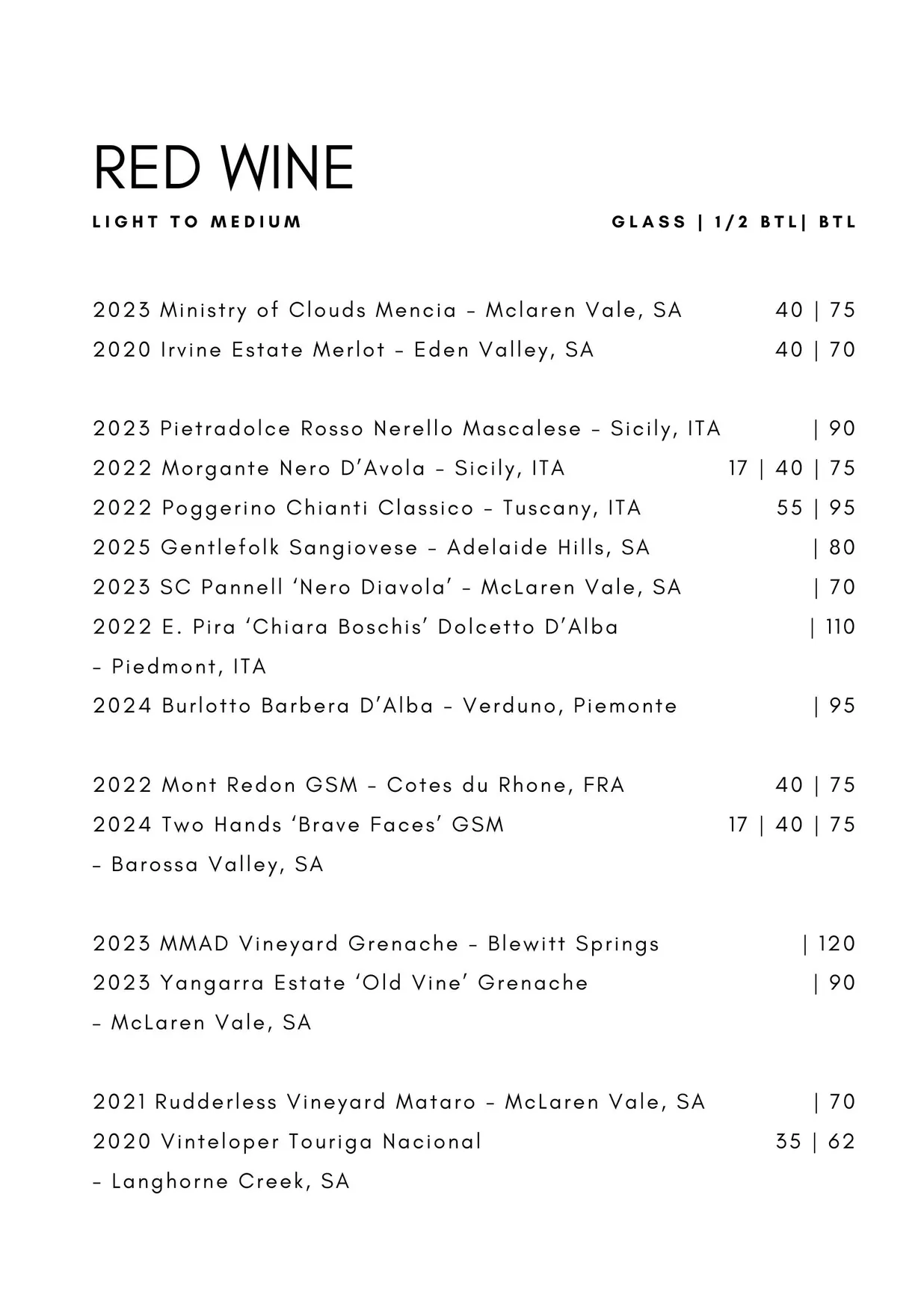 Ballet Wine Bar menu, page 11