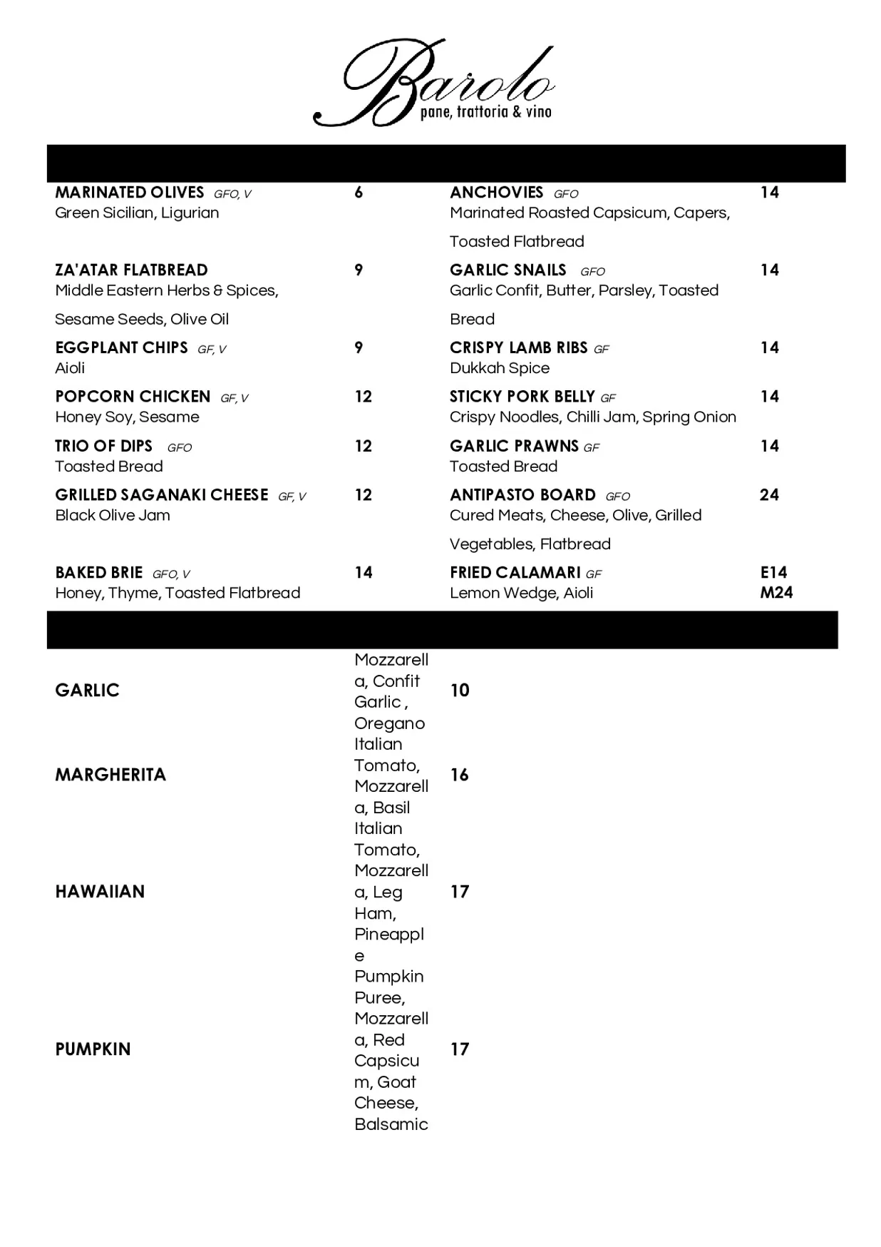 Barolo menu, page 1