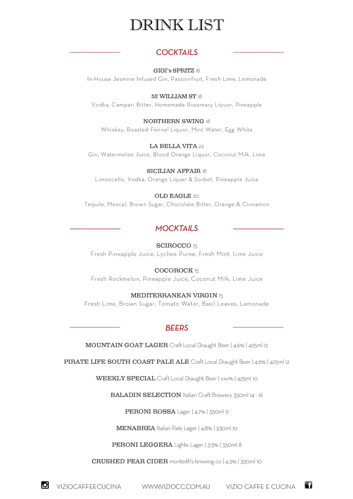 Vizio Caffe e Cucina menu, page 2