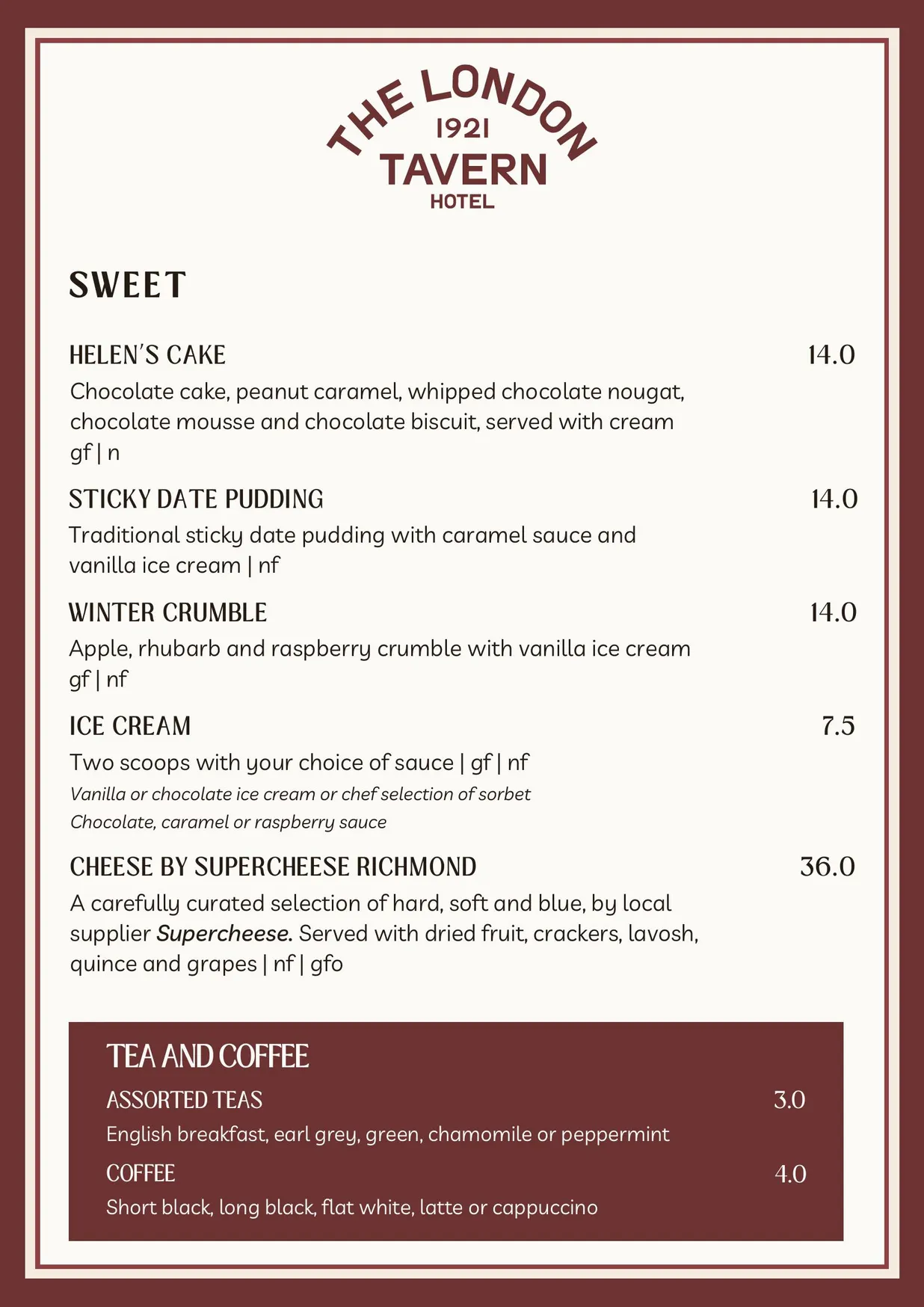 London Tavern Hotel menu, page 9