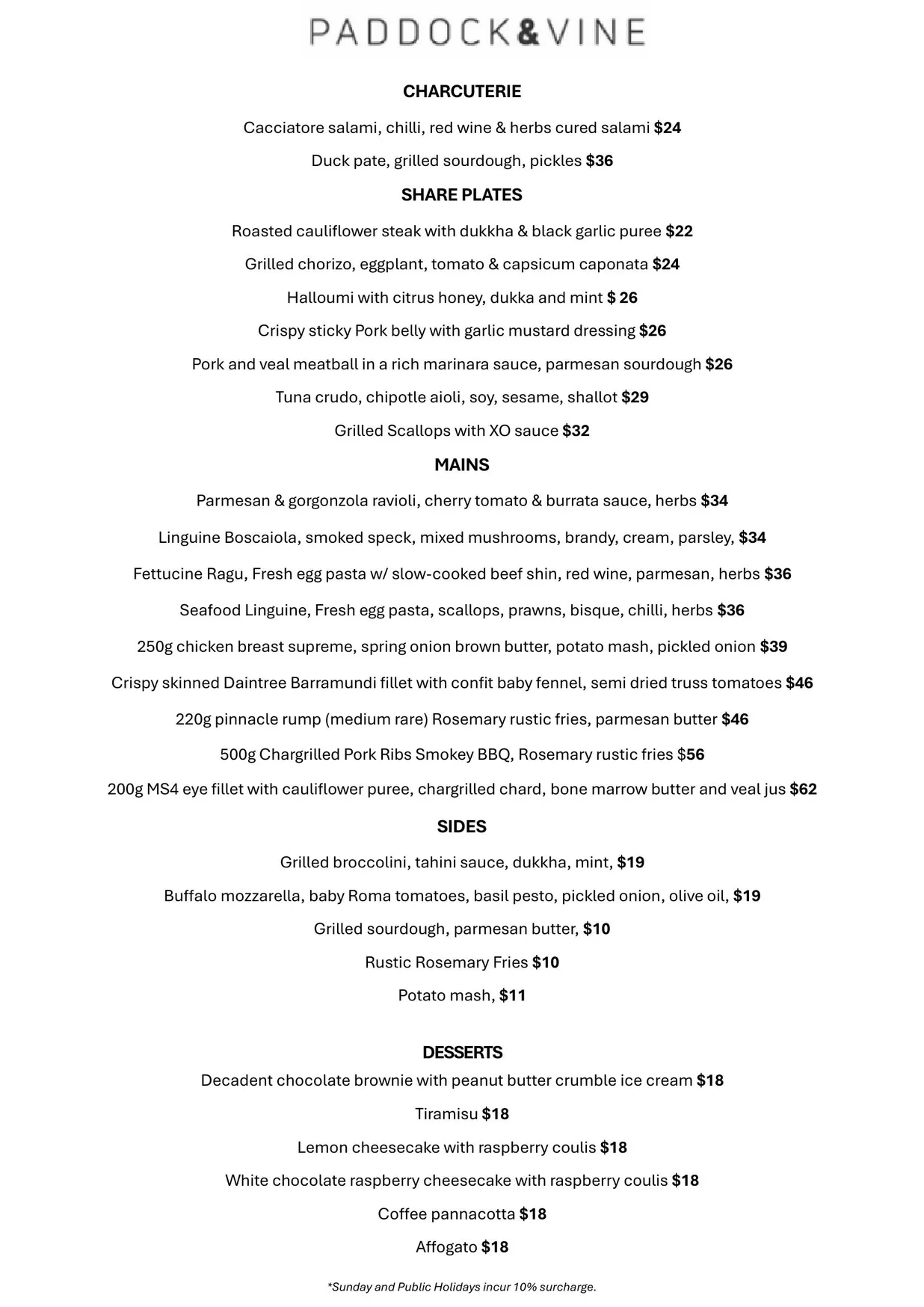 Paddock & Vine menu, page 1