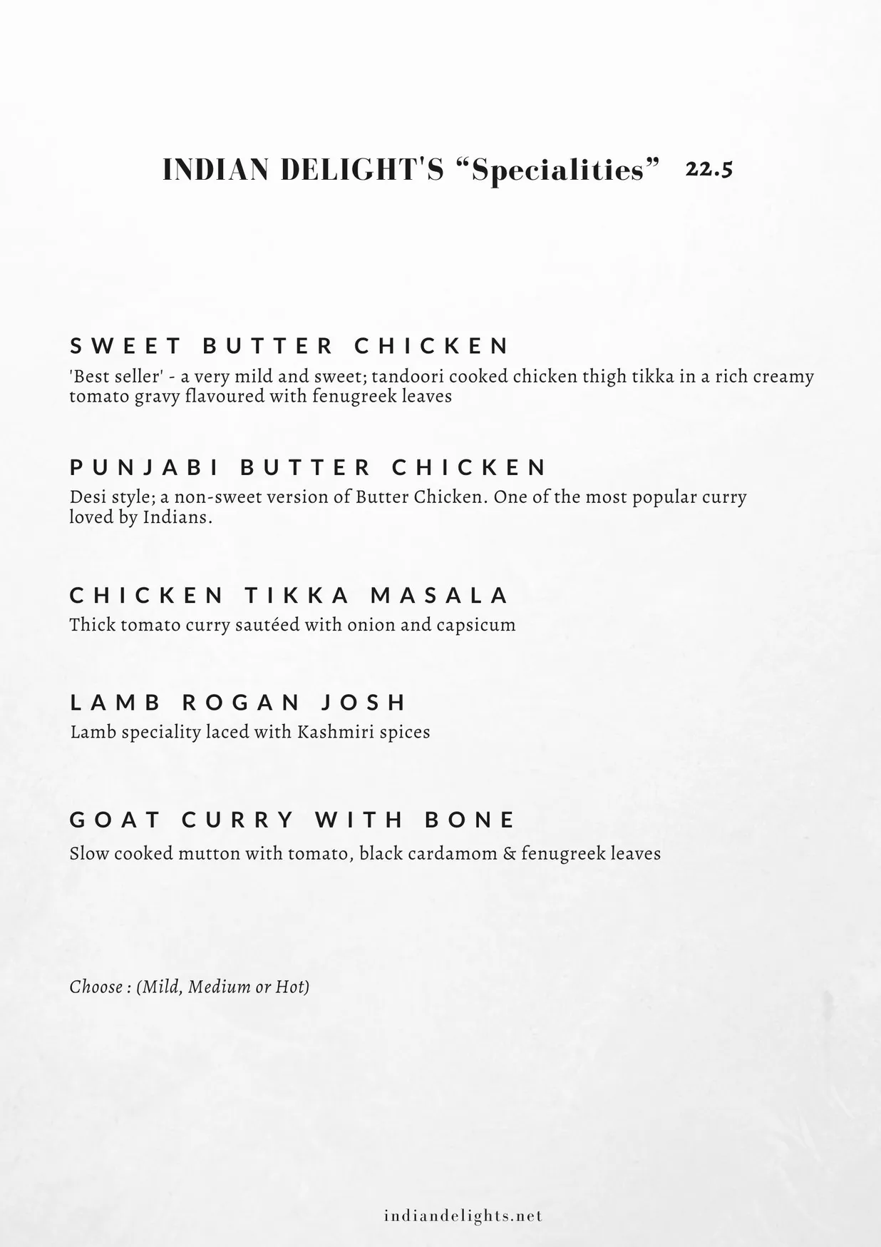 Indian Delights menu, page 2