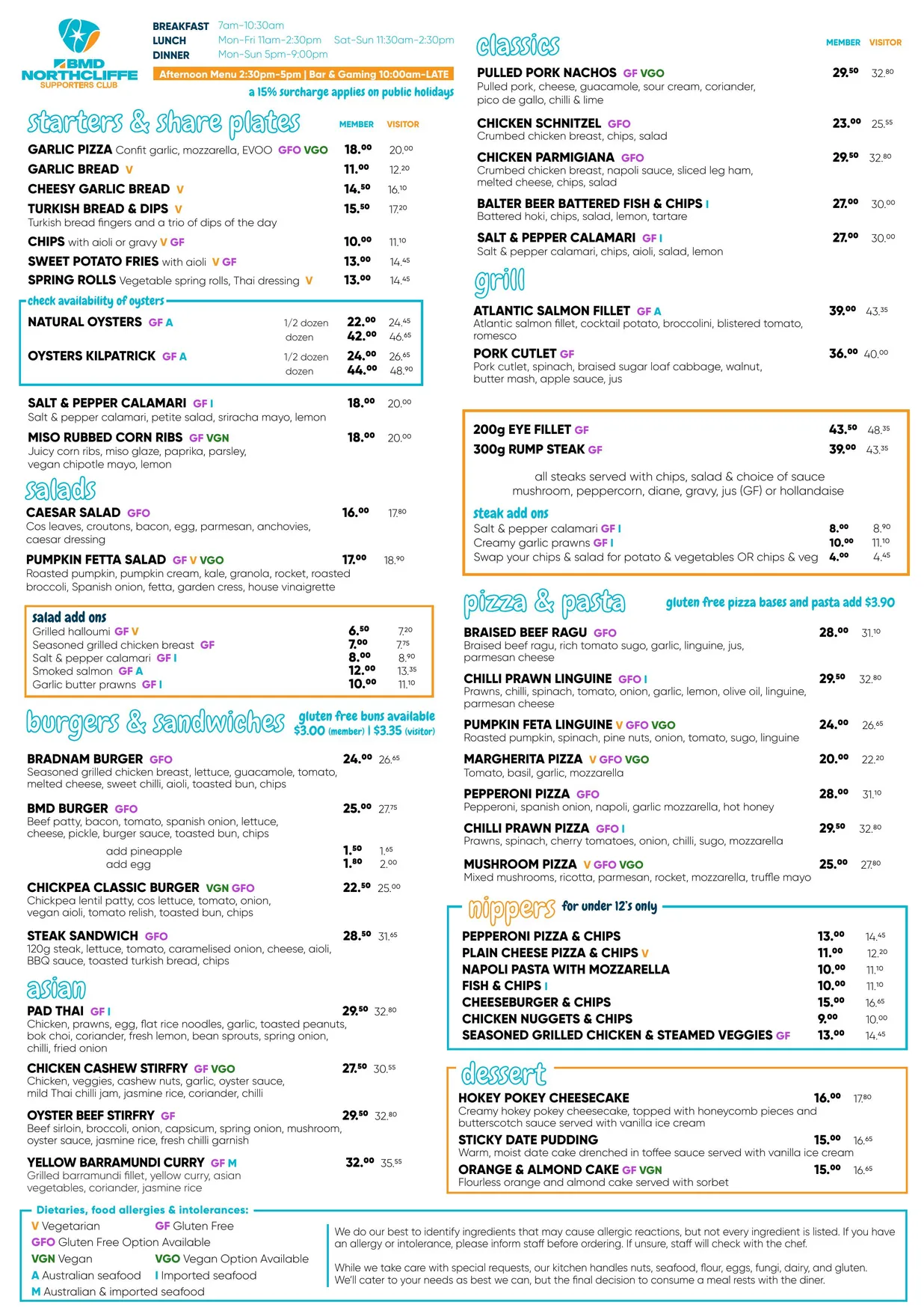 BMD Northcliffe Surf Club menu, page 1
