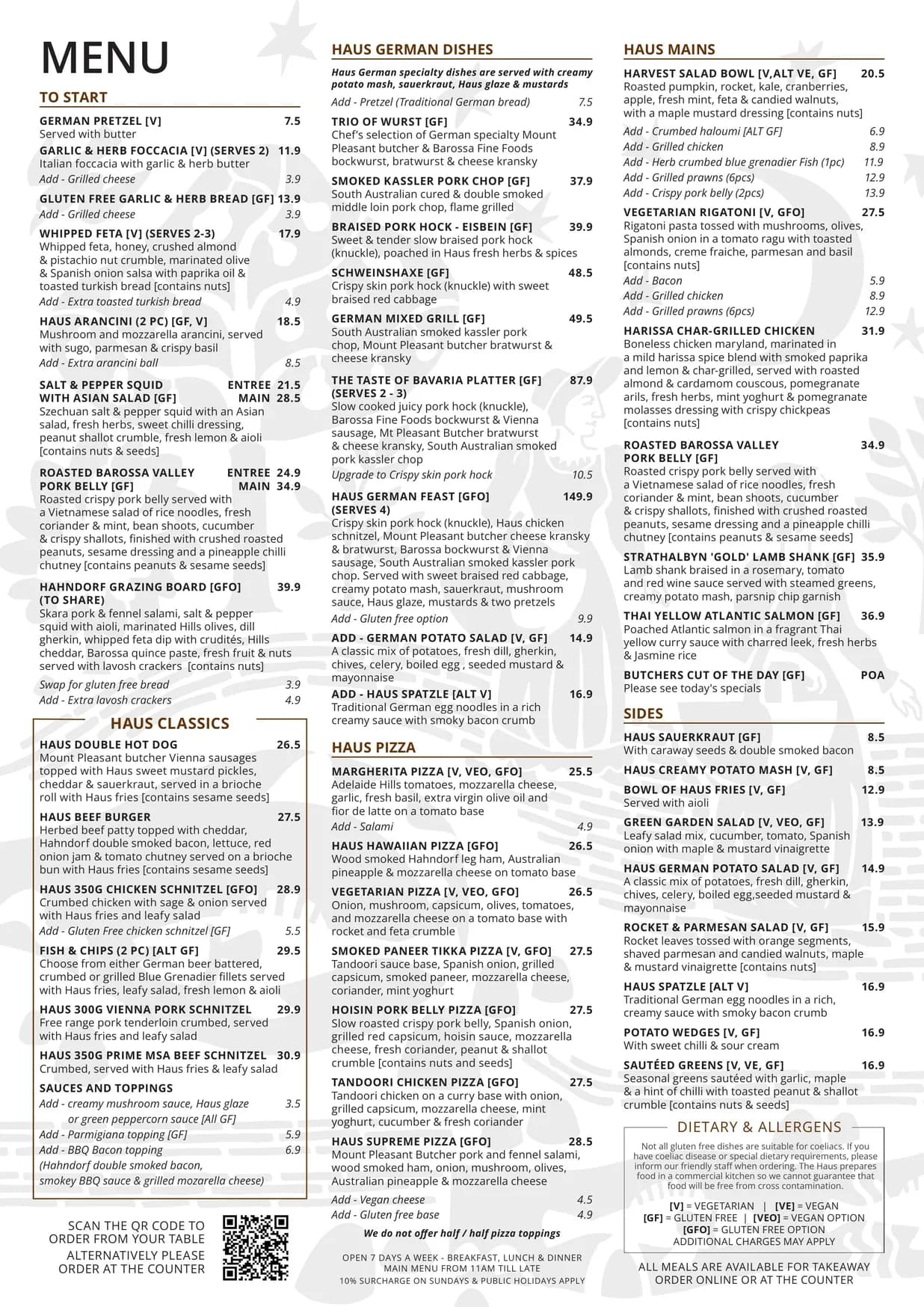 The Haus Restaurant menu, page 1