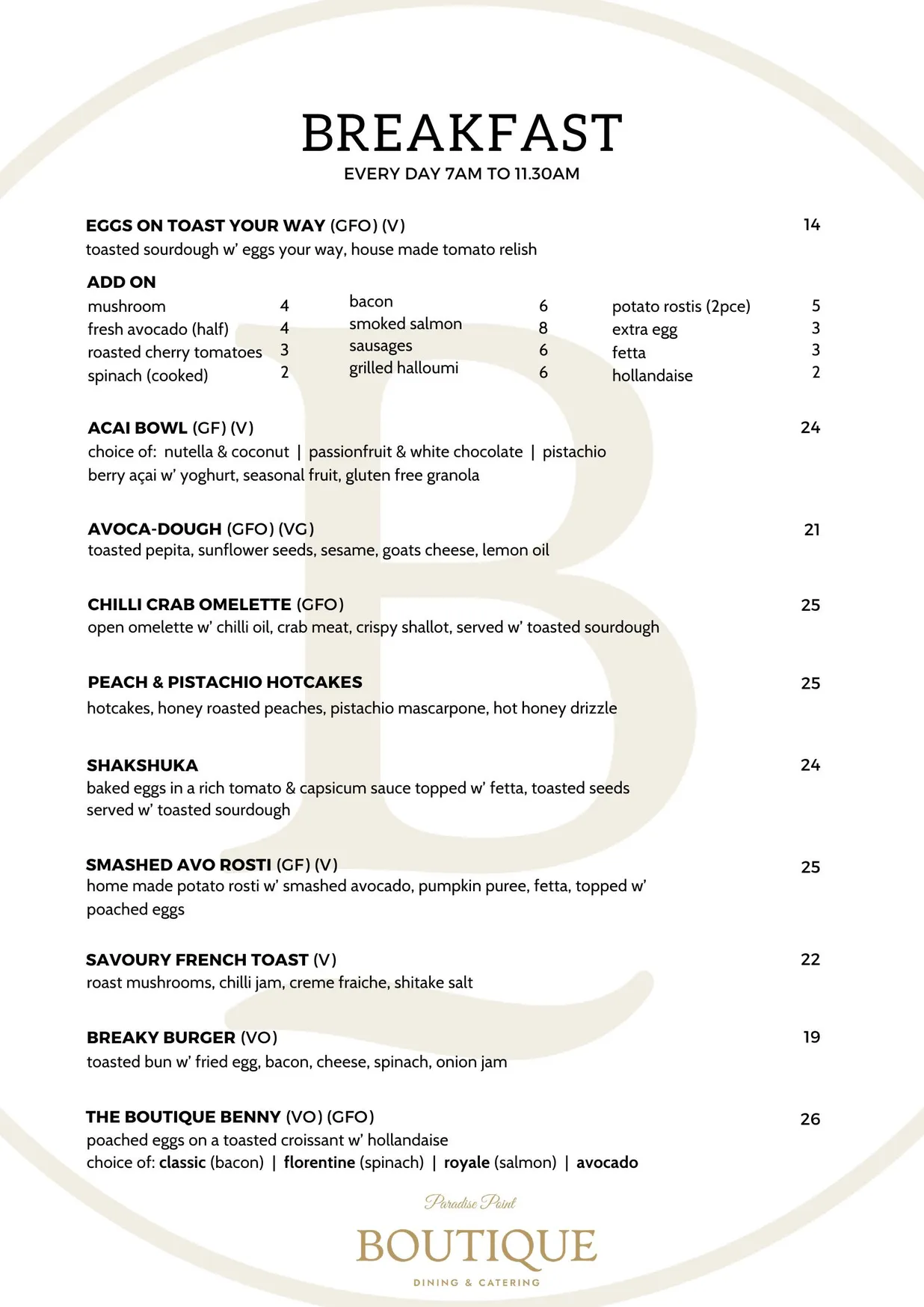 Boutique Dining menu, page 1