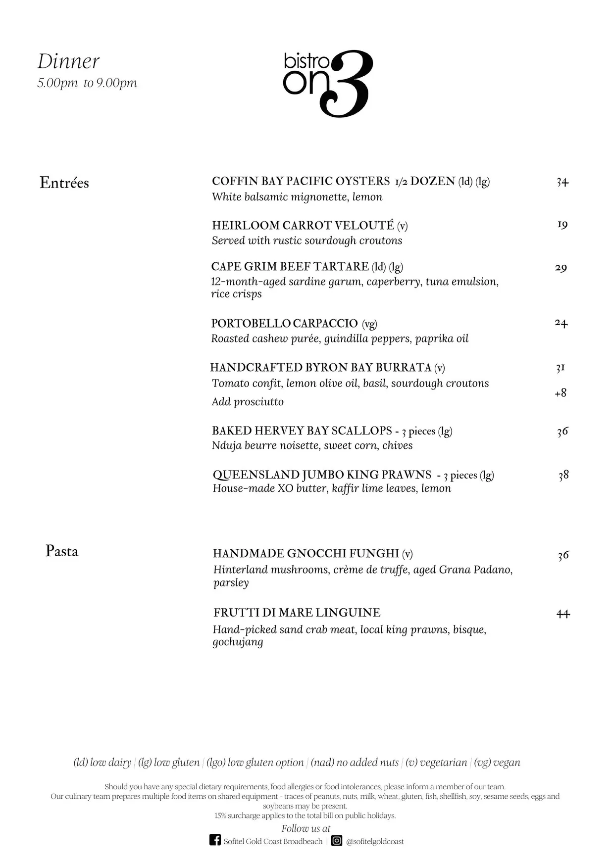 Bistro On3 menu, page 1