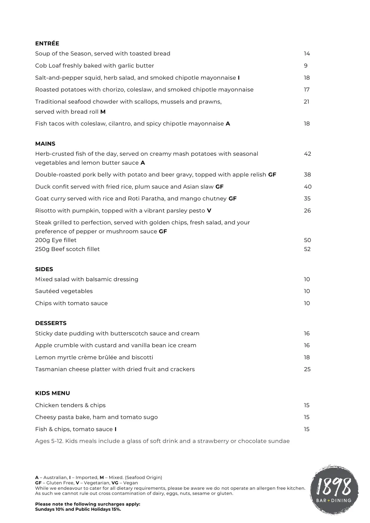 1898 Bar + Dining menu, page 3