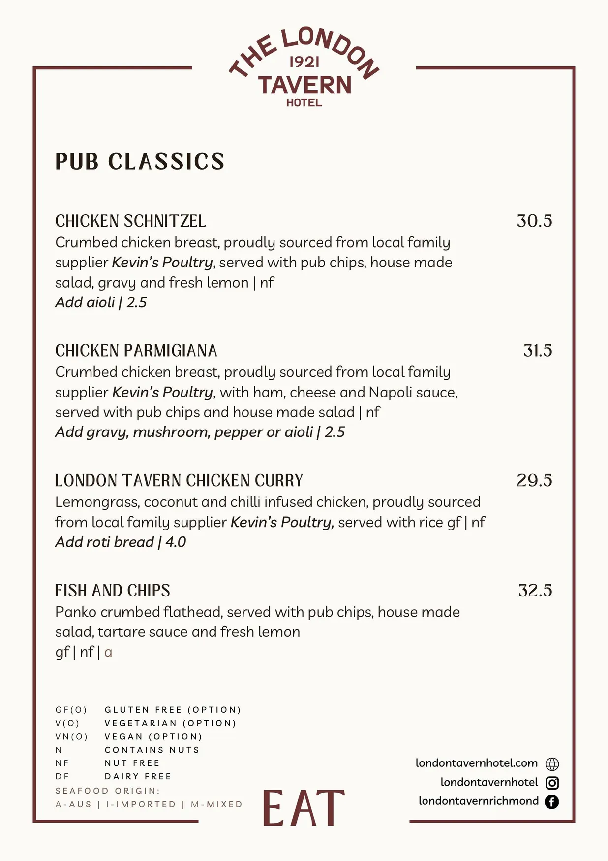 London Tavern Hotel menu, page 4