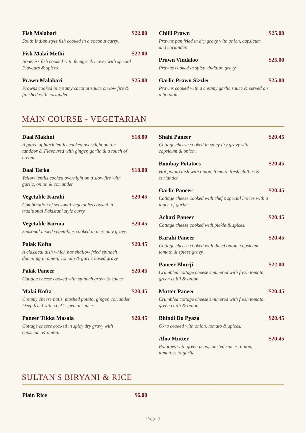 The Sultan's Palace Restaurant menu, page 4