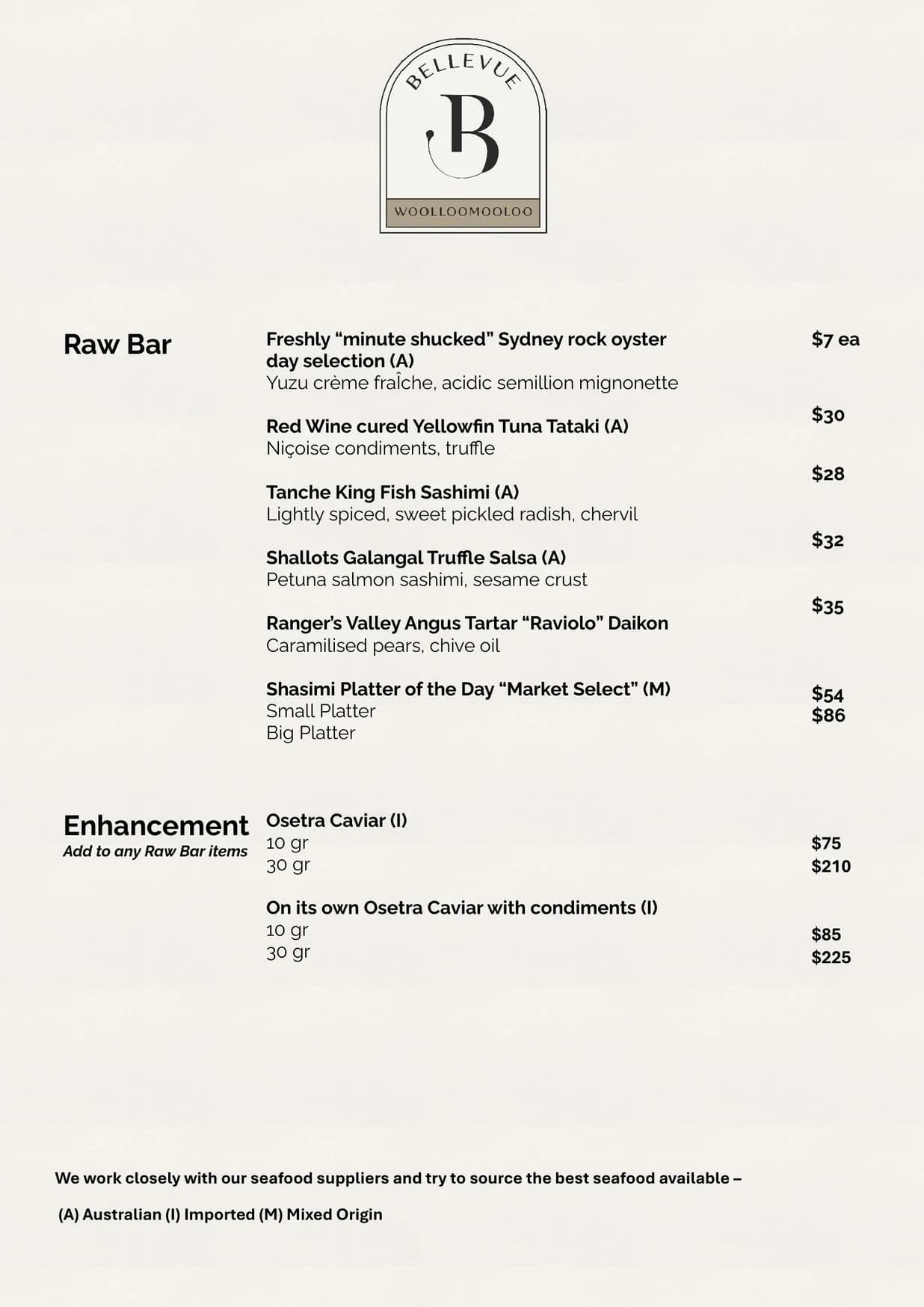 Bellevue Woolloomooloo menu, page 1