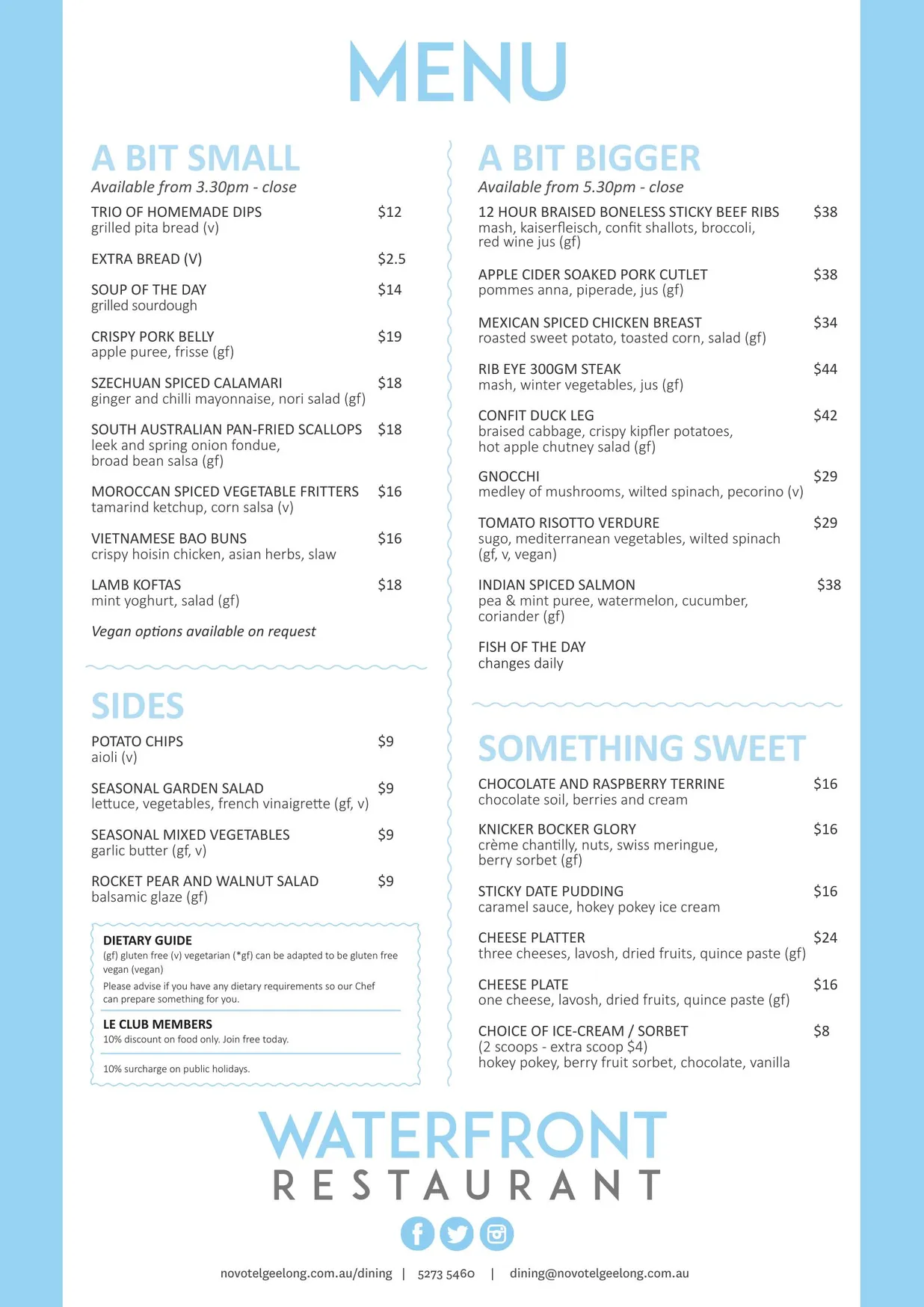 Waterfront Restaurant Geelong menu, page 1