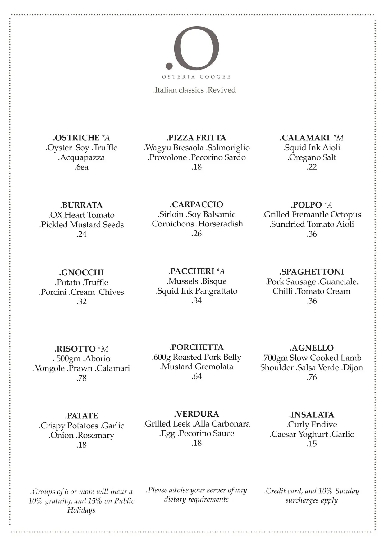 Osteria Coogee menu, page 1
