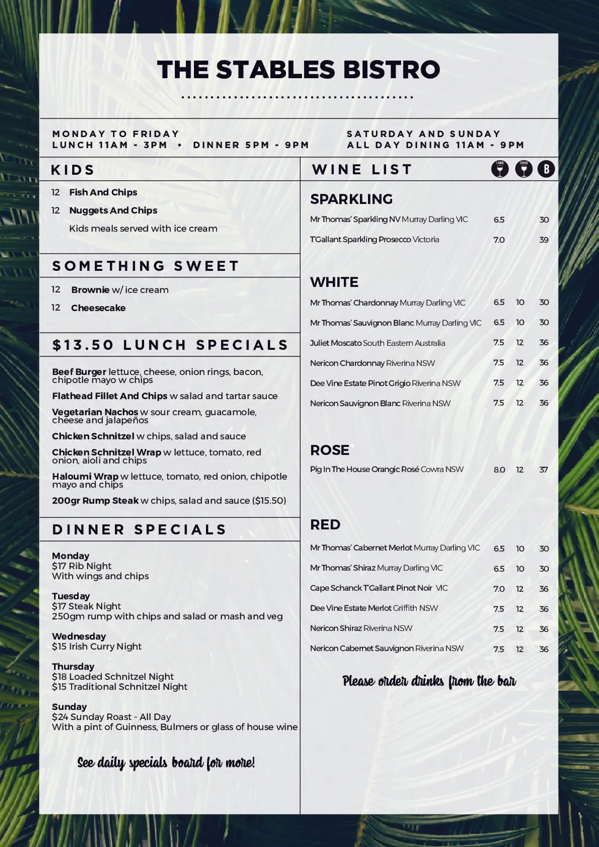 The Stables Bistro menu, page 2