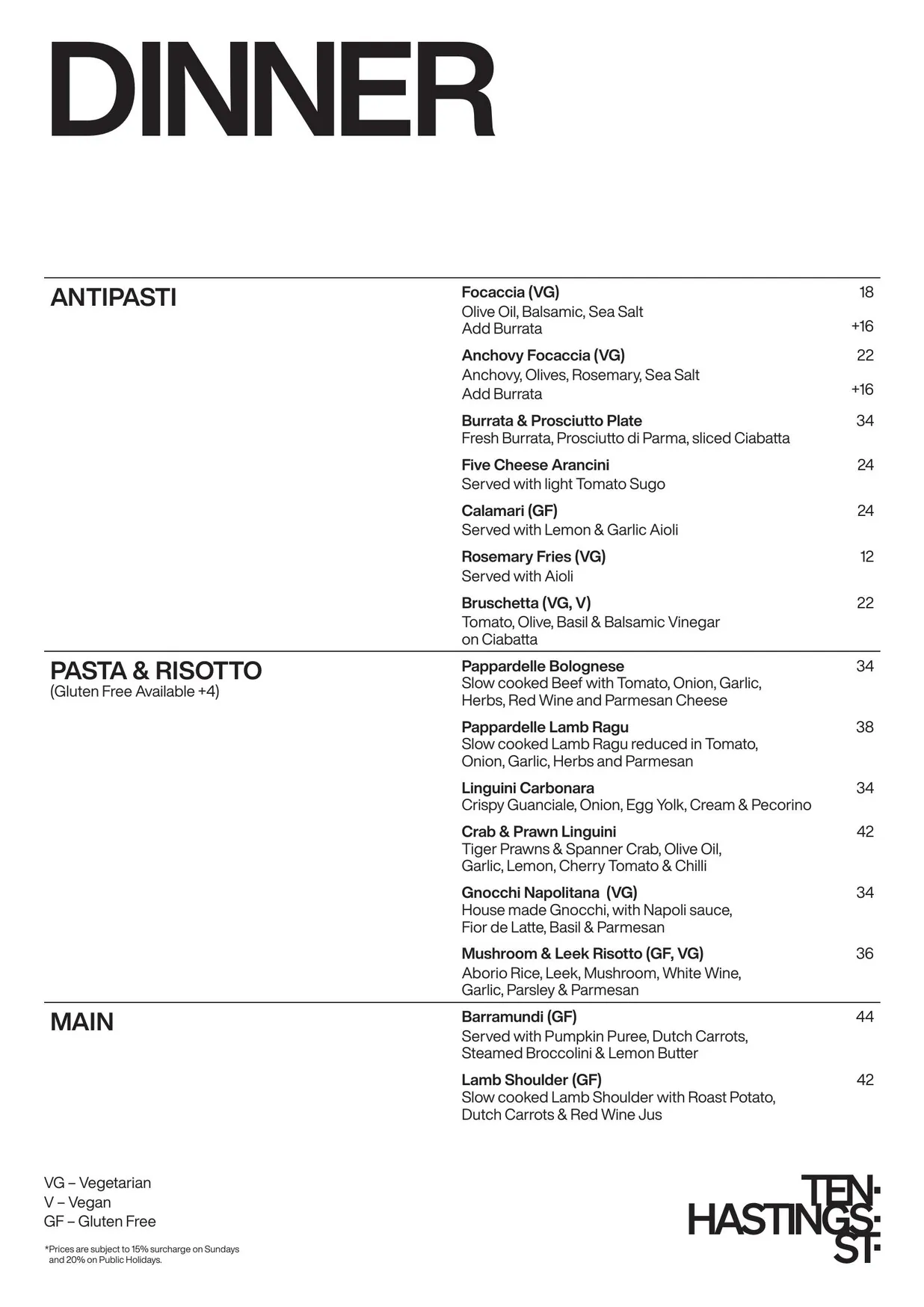 TEN Hastings St menu, page 1