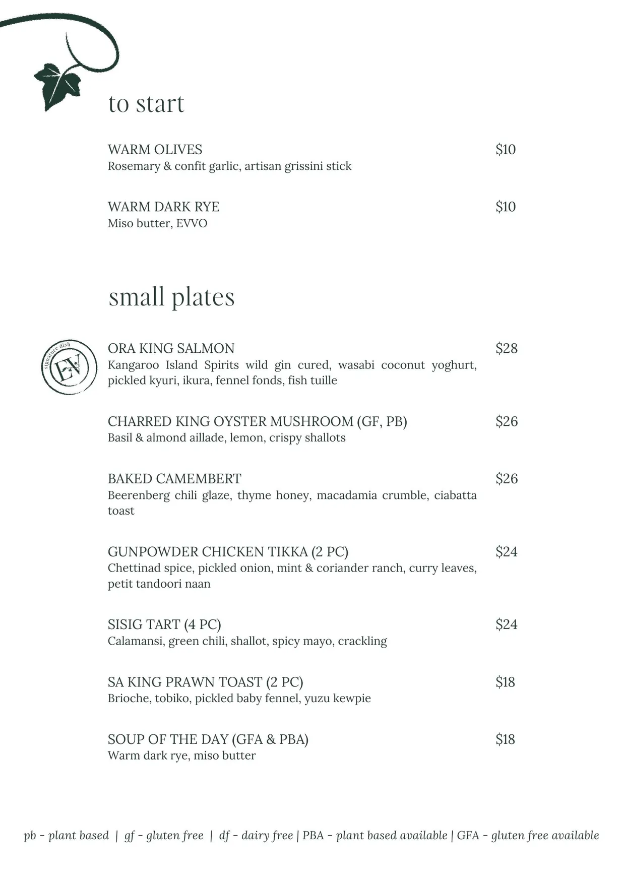 Ember & Vine menu, page 2