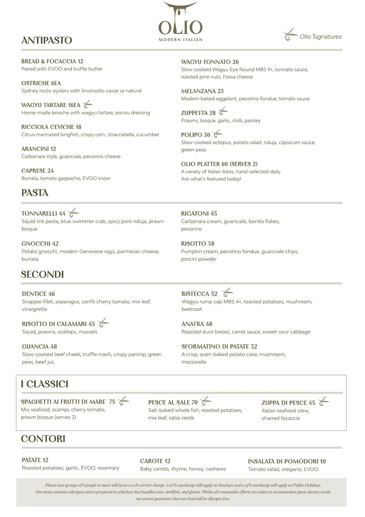 Olio Kensington Street menu, page 1