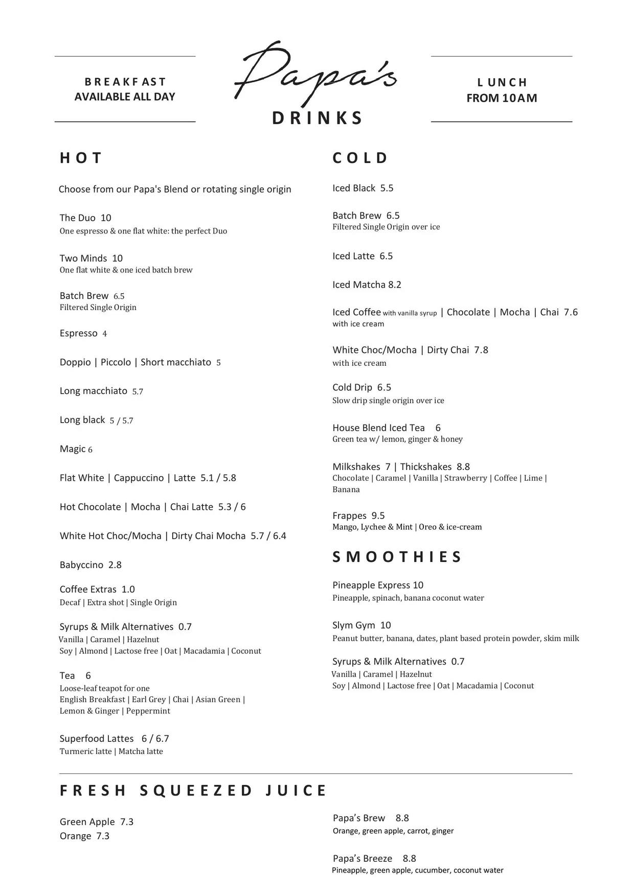 Papa's Corner Cafe menu, page 2