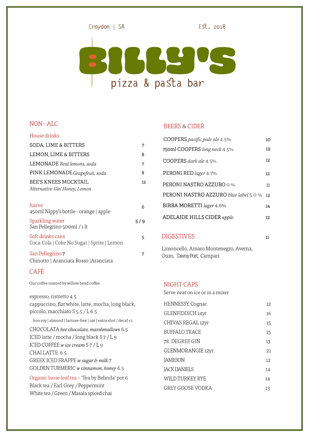 Billy's Pizza & Pasta Bar menu, page 2