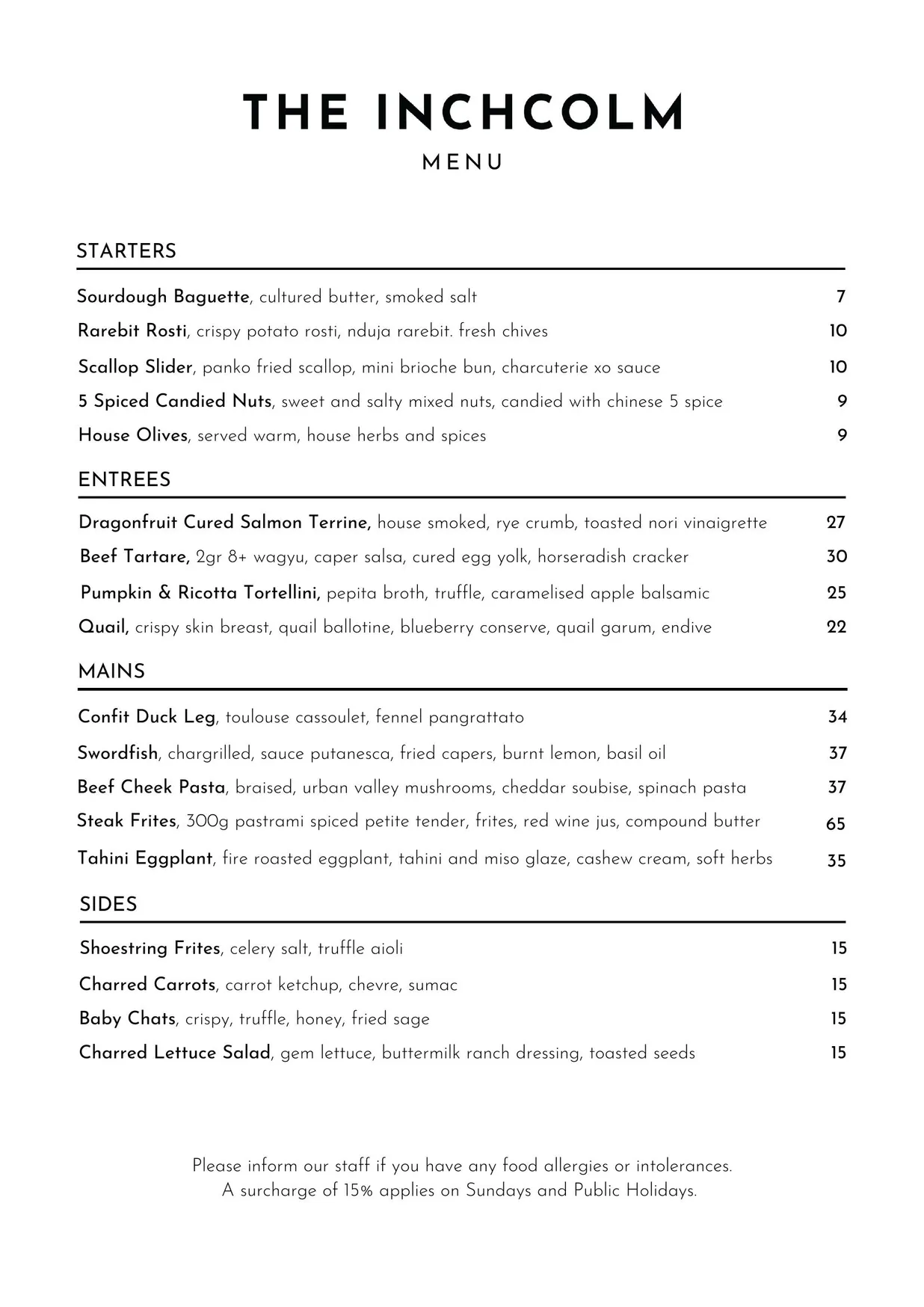 The Inchcolm Bar menu, page 1