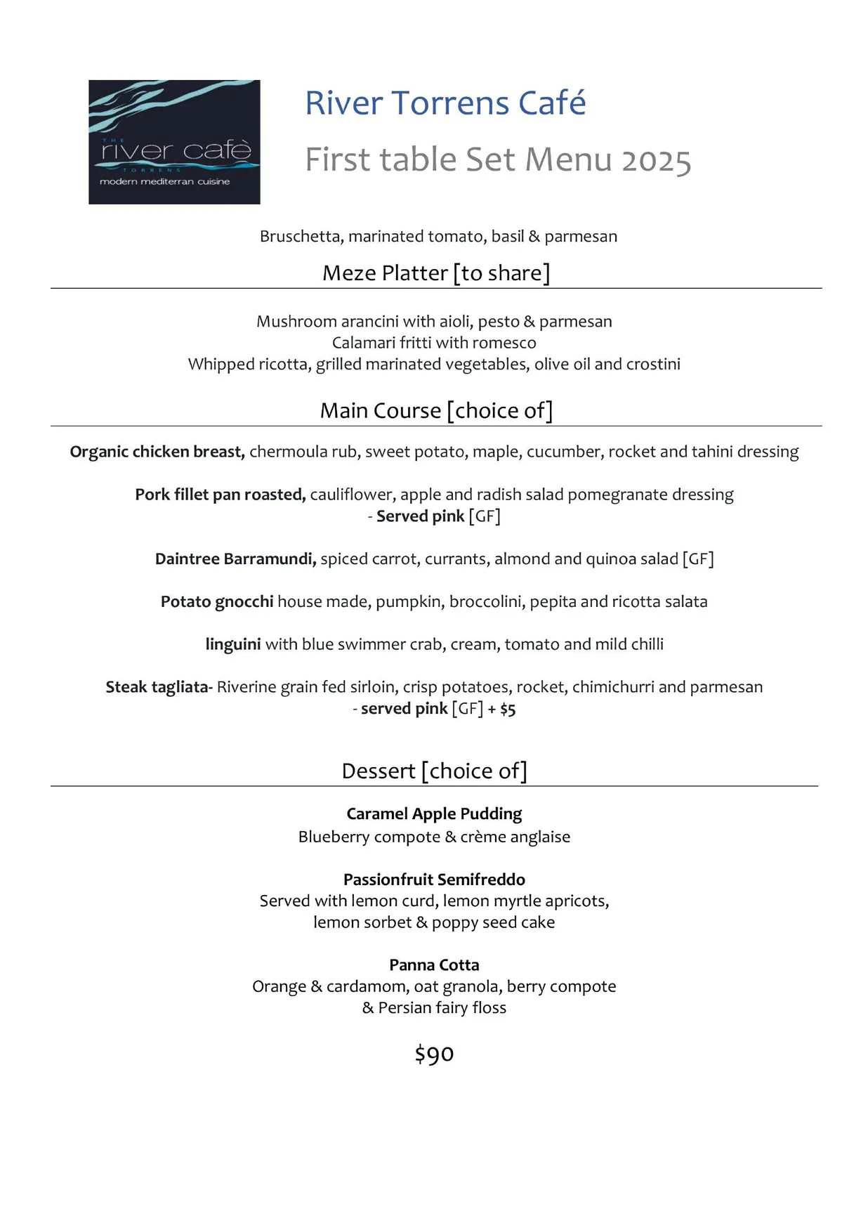 River Cafe menu, page 1