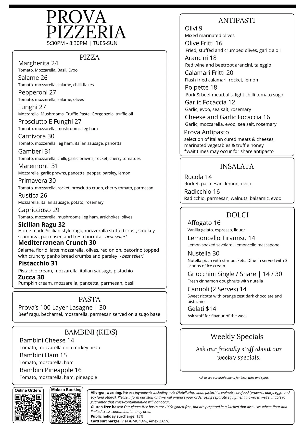 Prova Pizzeria menu, page 1