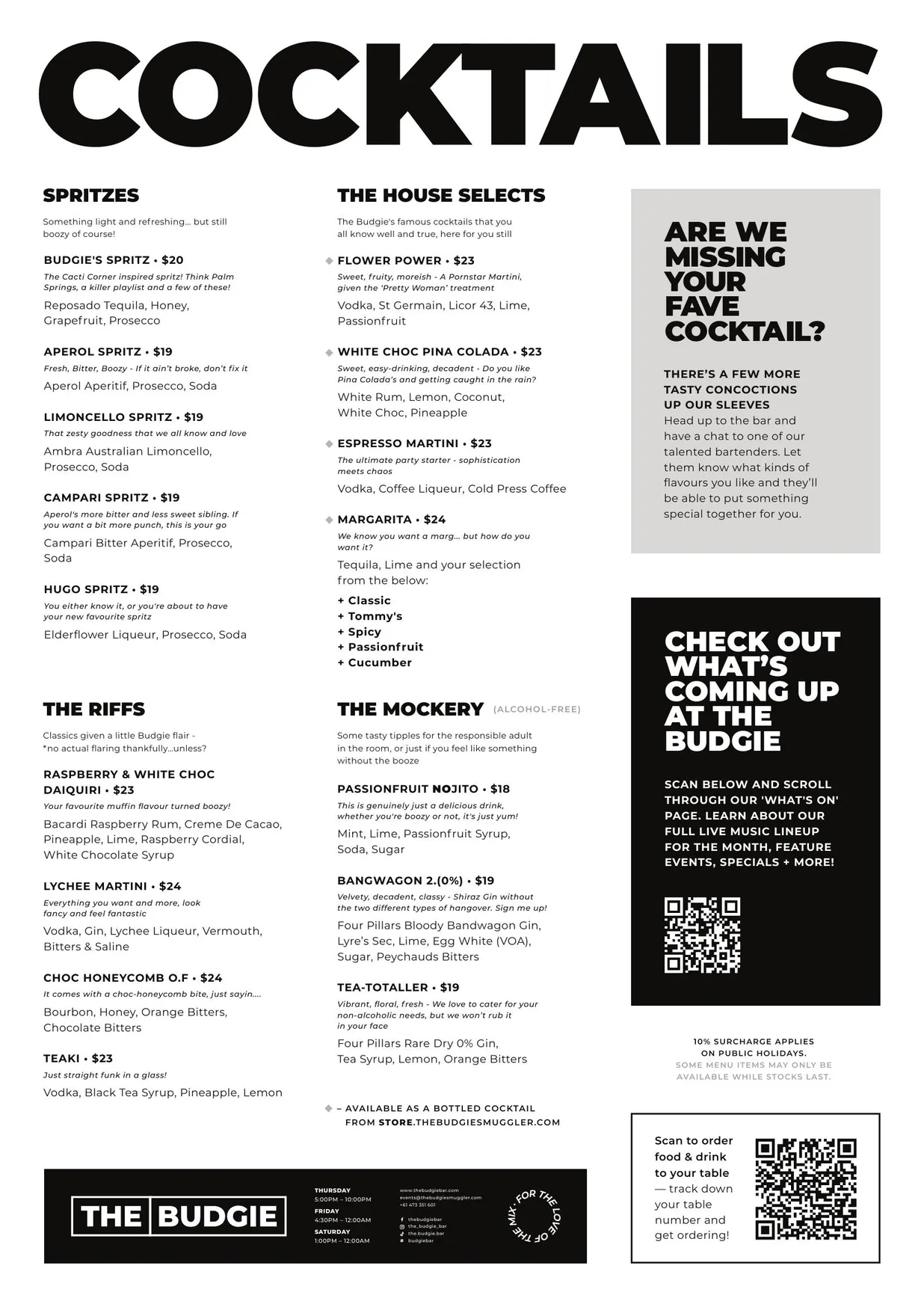 The Budgie Bar menu, page 1