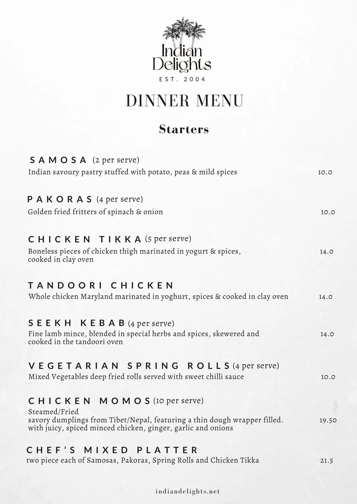 Indian Delights menu, page 1