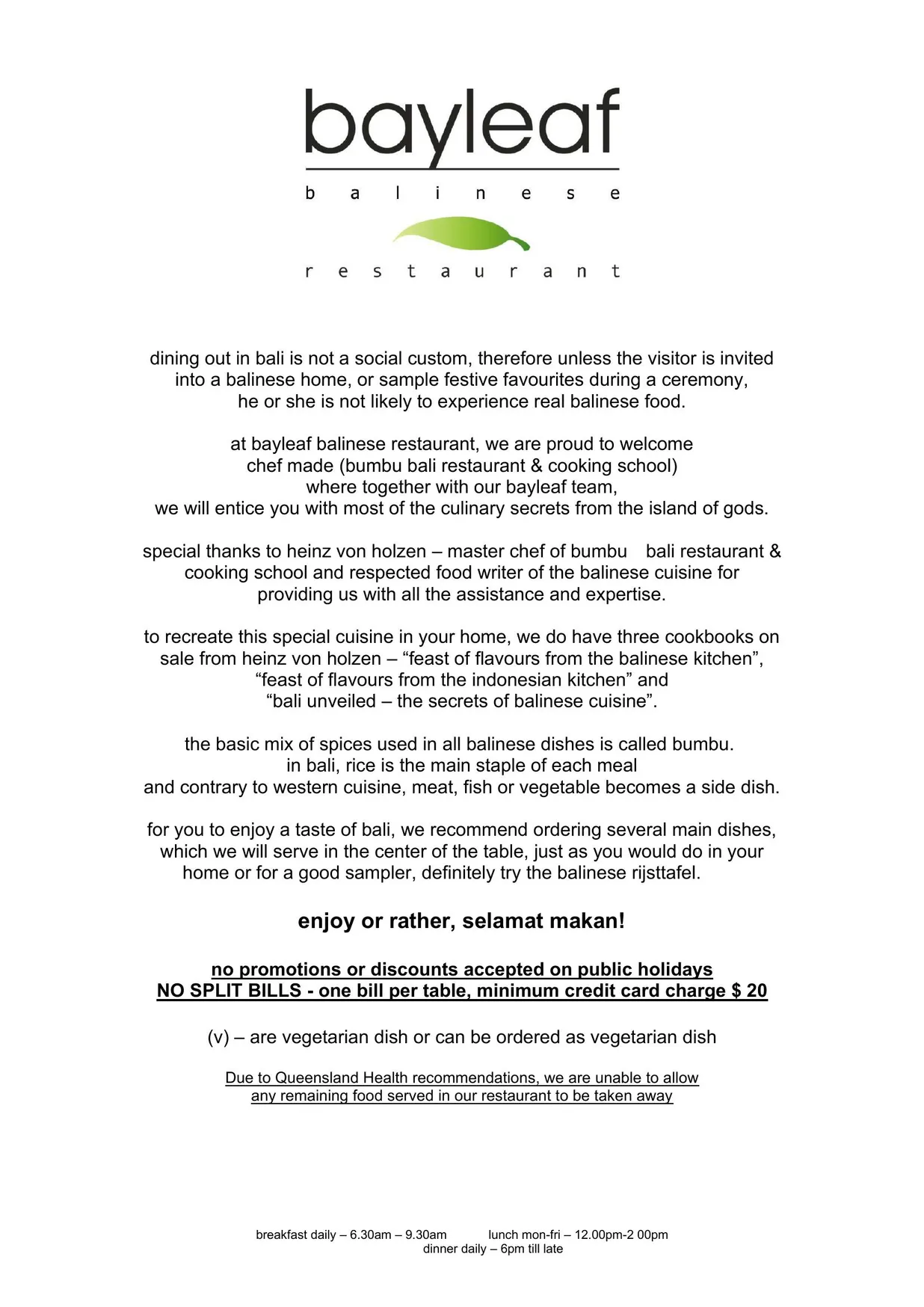 Bayleaf Balinese Restaurant menu, page 1