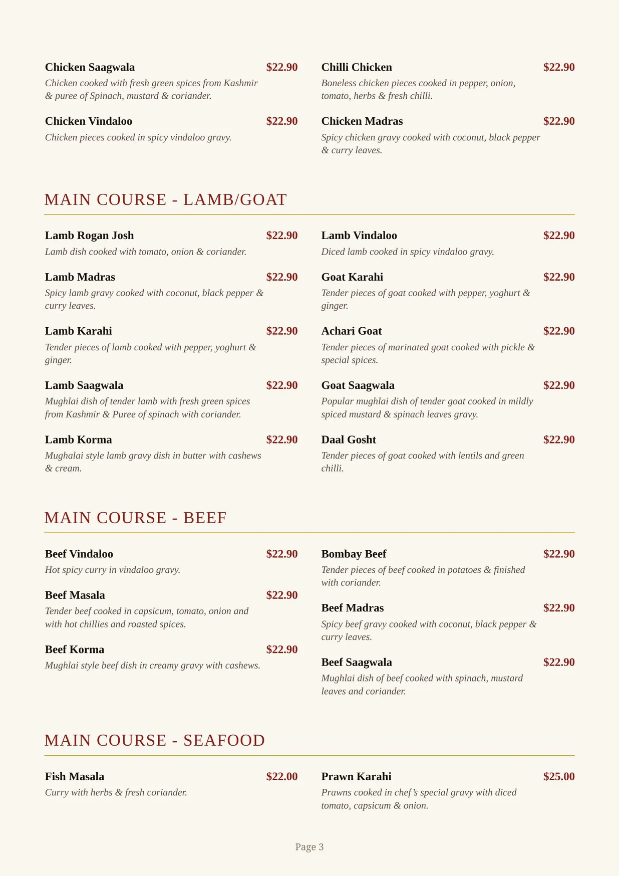 The Sultan's Palace Restaurant menu, page 3