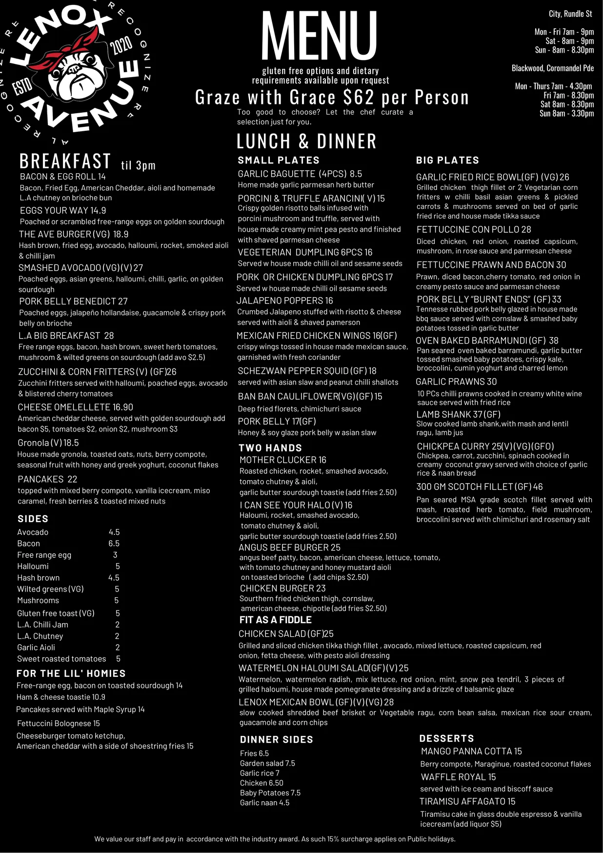 Lenox Avenue menu, page 1