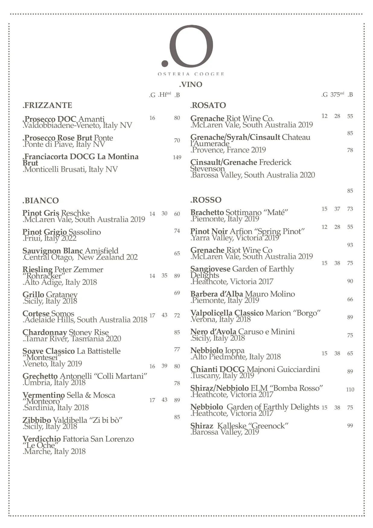 Osteria Coogee menu, page 3