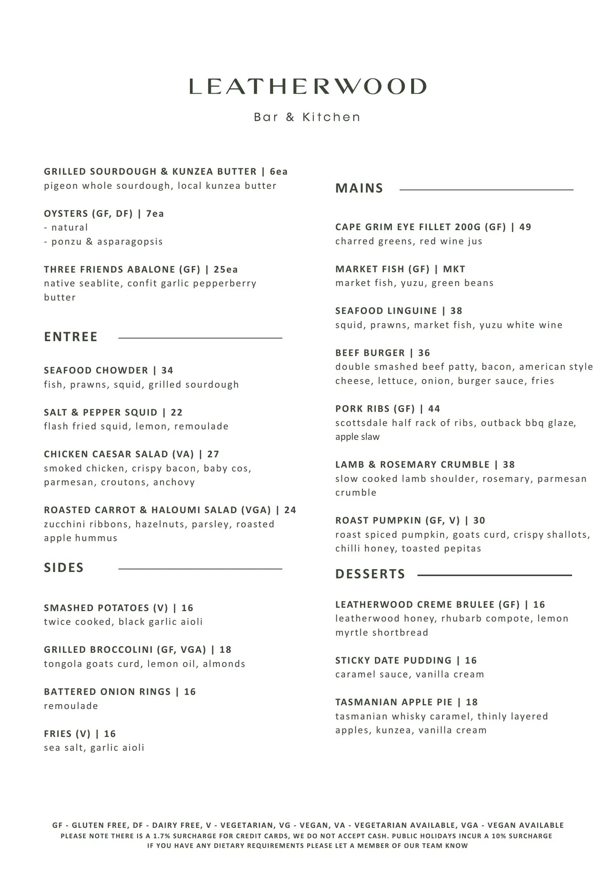 Leatherwood Bar & Kitchen menu, page 2