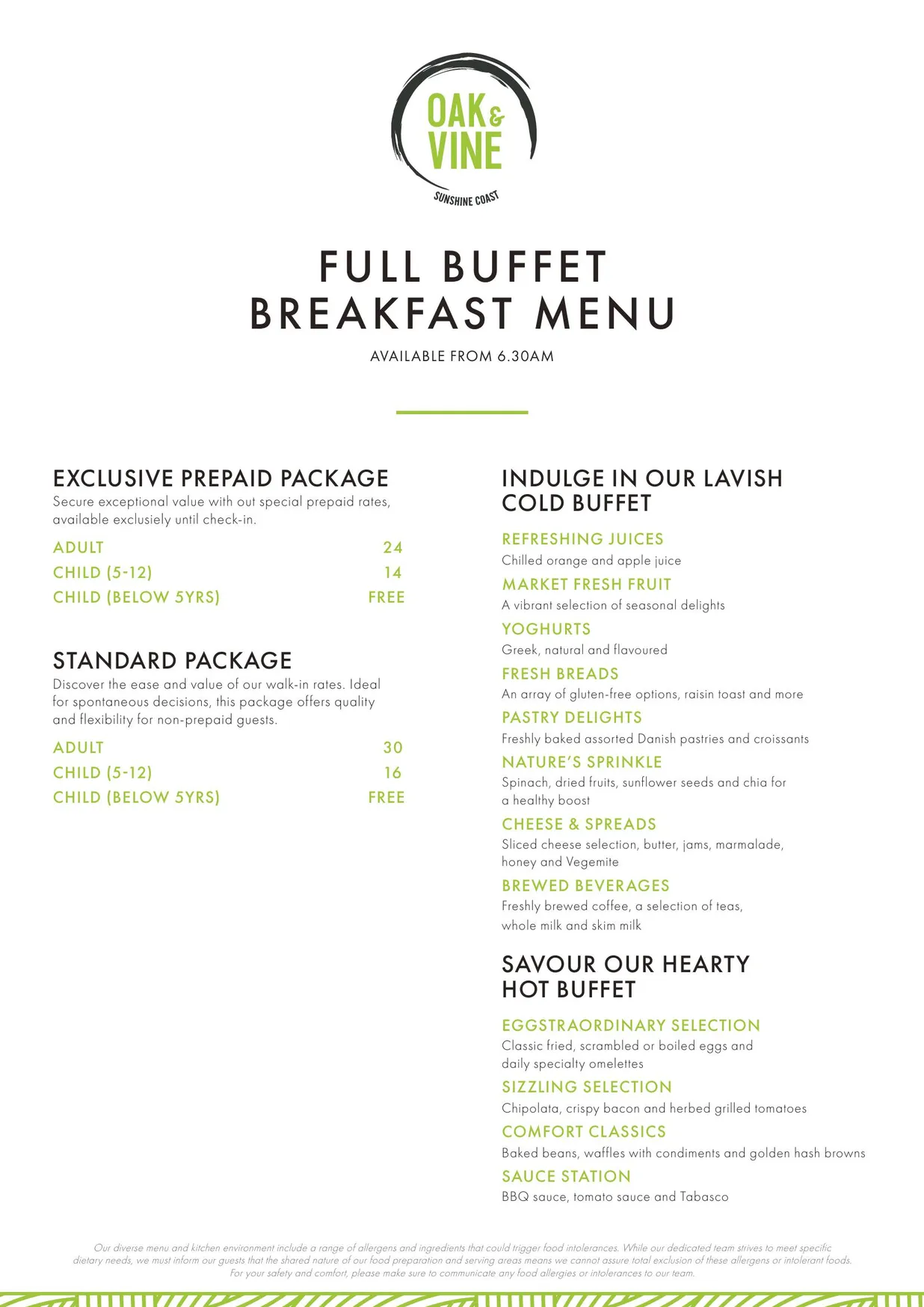 Oak & Vine Sunshine Coast menu, page 1