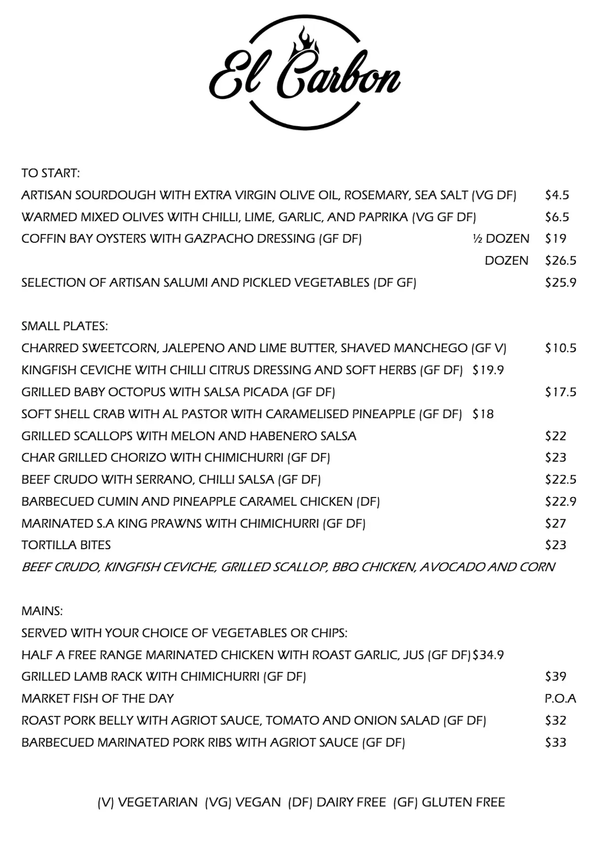 El Carbon menu, page 1