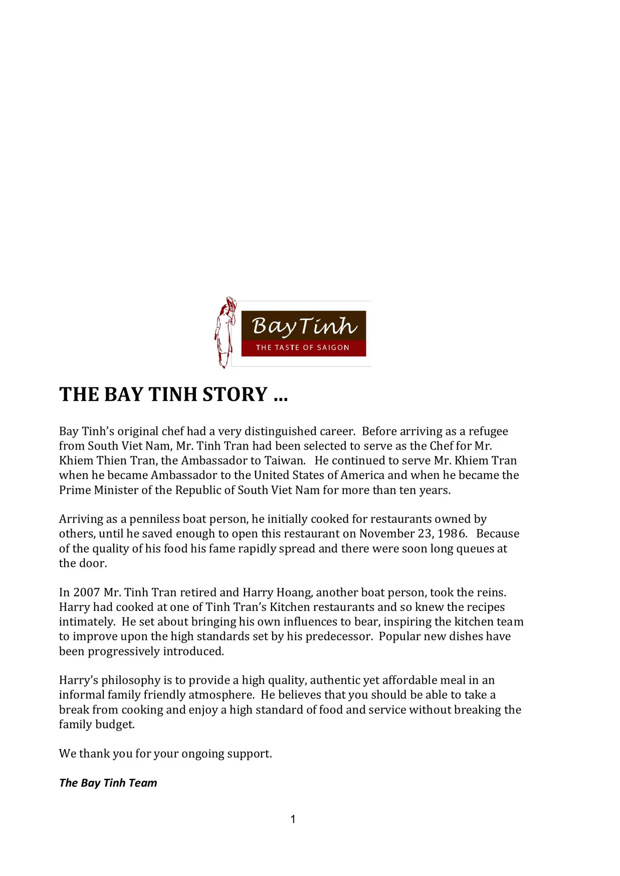 Bay Tinh menu, page 1