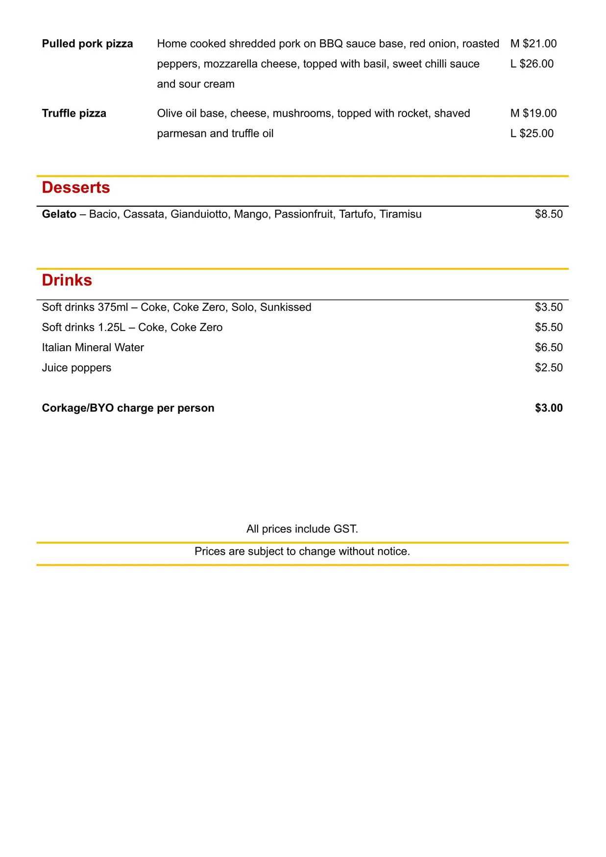 JC's Pizza menu, page 5