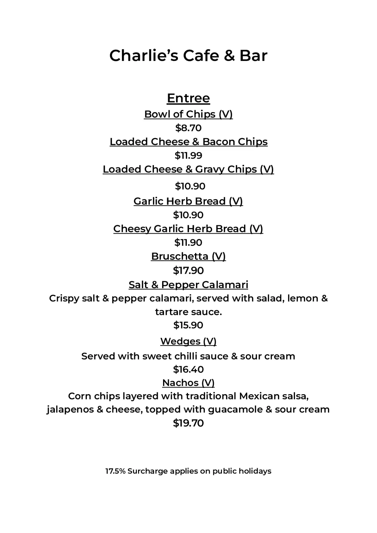 Charlie’s Cafe and Bar menu, page 1
