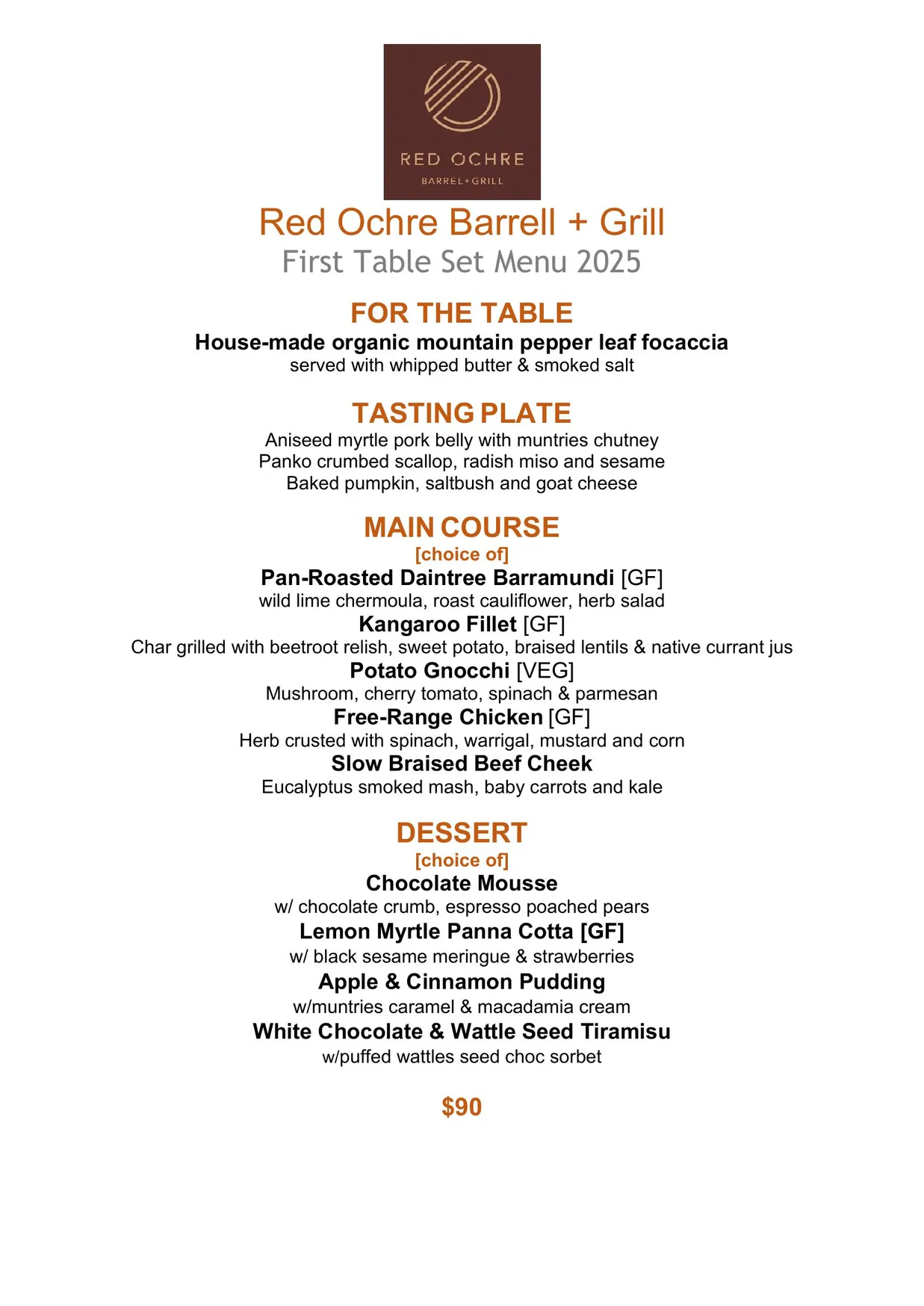 Red Ochre Barrel & Grill menu, page 1