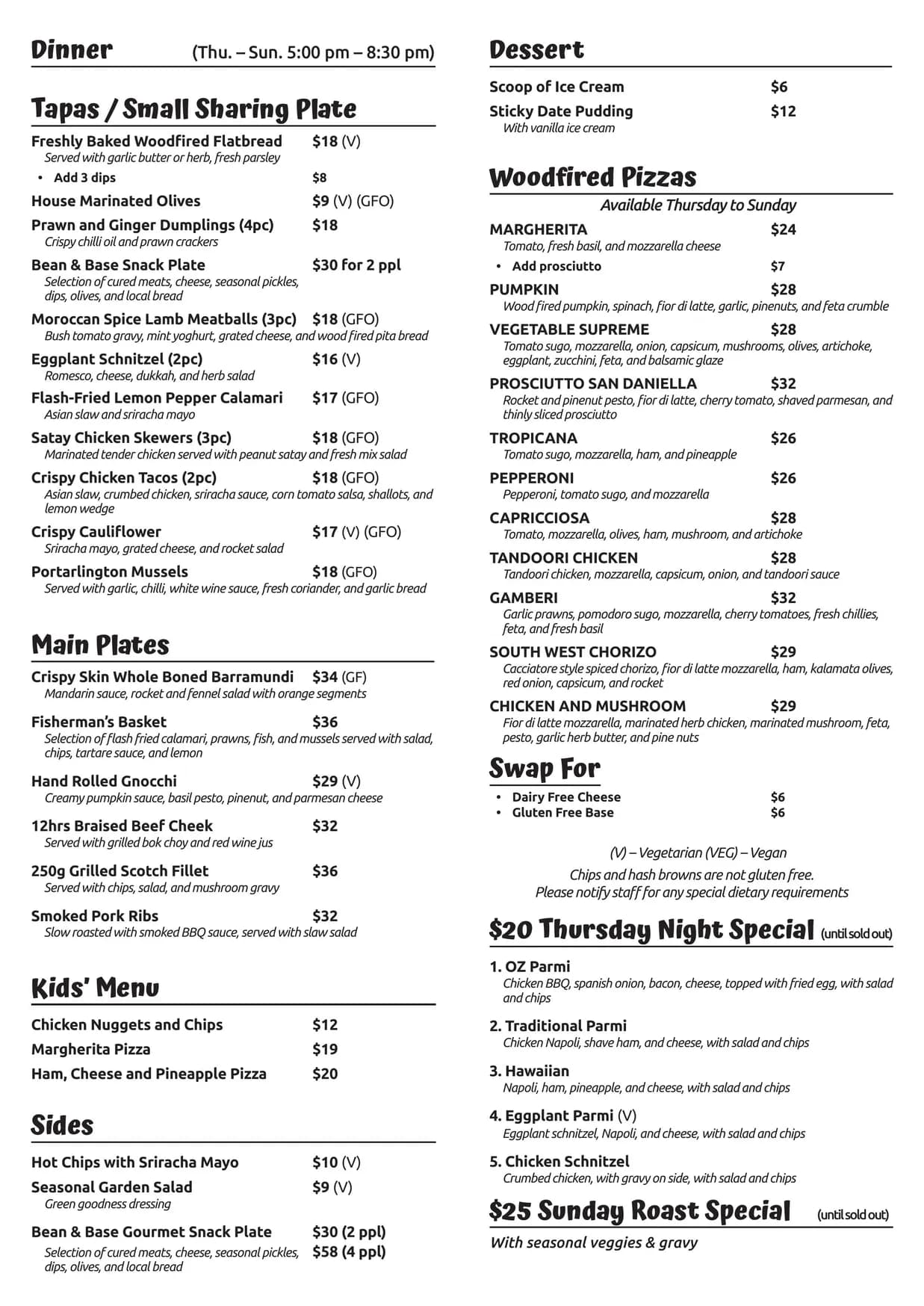 Bean & Base menu, page 1