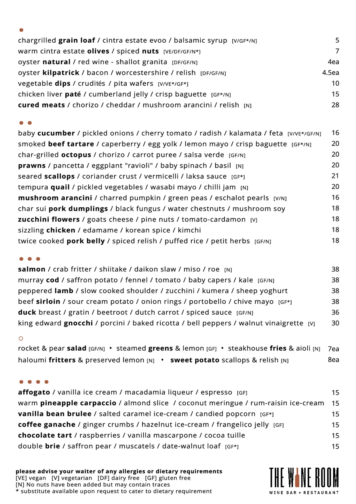 The Wine Room Bar & Restaurant menu, page 1