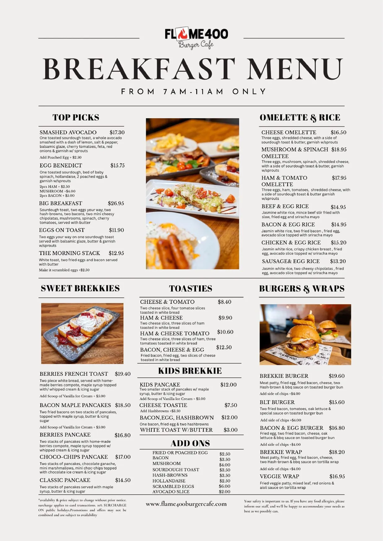Flame400 Burger Cafe menu, page 1